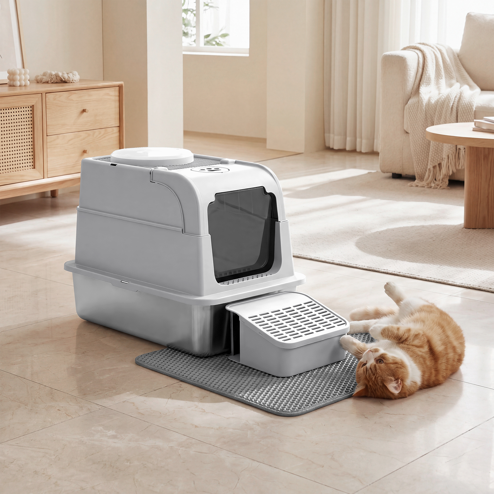 TEMU Maison de Toilette pour Chat, Acier Inoxydable, 2 Entrées, avec Pelle et Brosse, pour Intérieur, 61 x 41 x 46 cm, et tourterelle