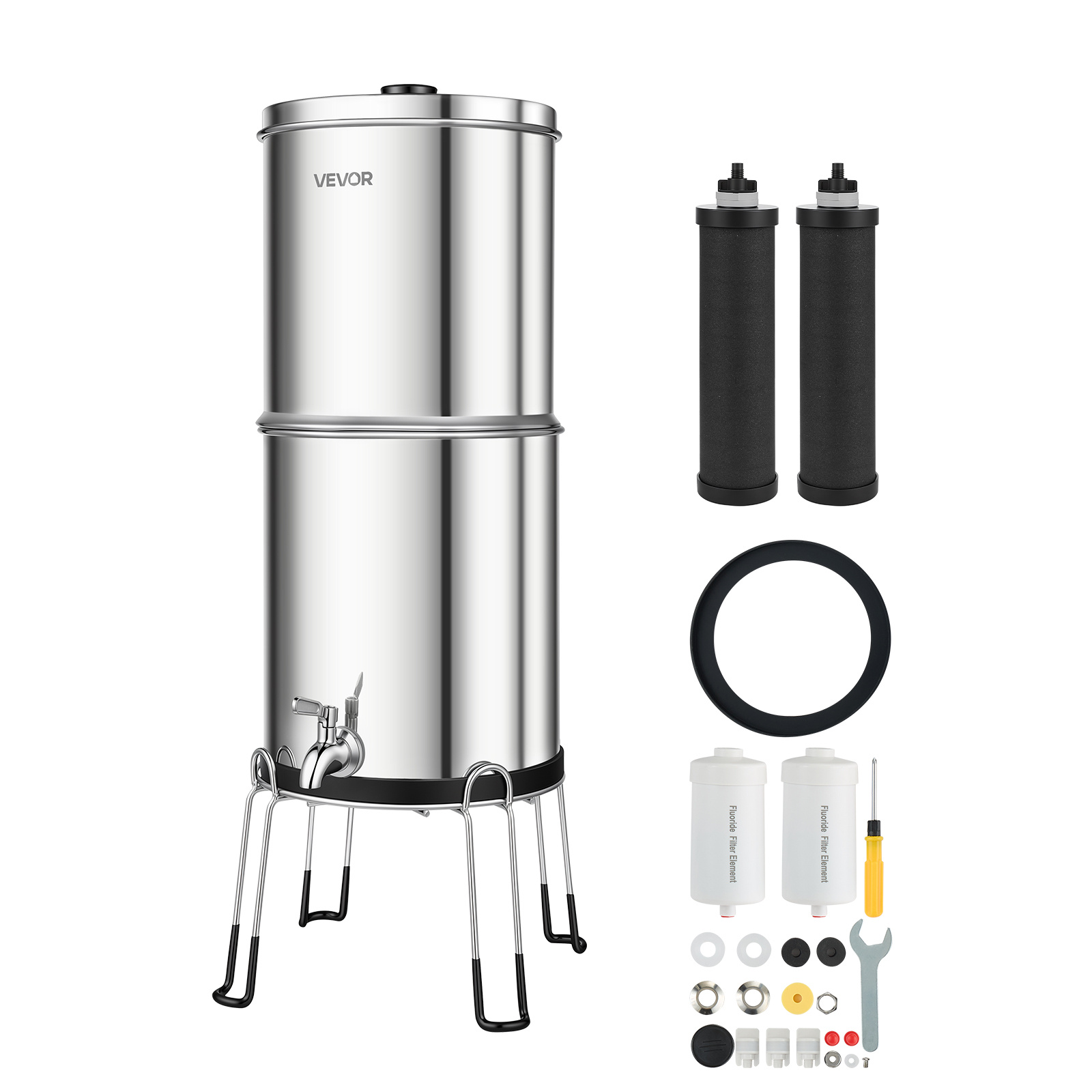 Image of Vevor Gravity-fed Water Filter System, 8.52l 304 Stainless-steel Countertop Water Filtration System, Reduces Lead And Up To 99% Of , W/ 2 Carbon Filter, 2 Defluorination Filter, Spigot, Stand