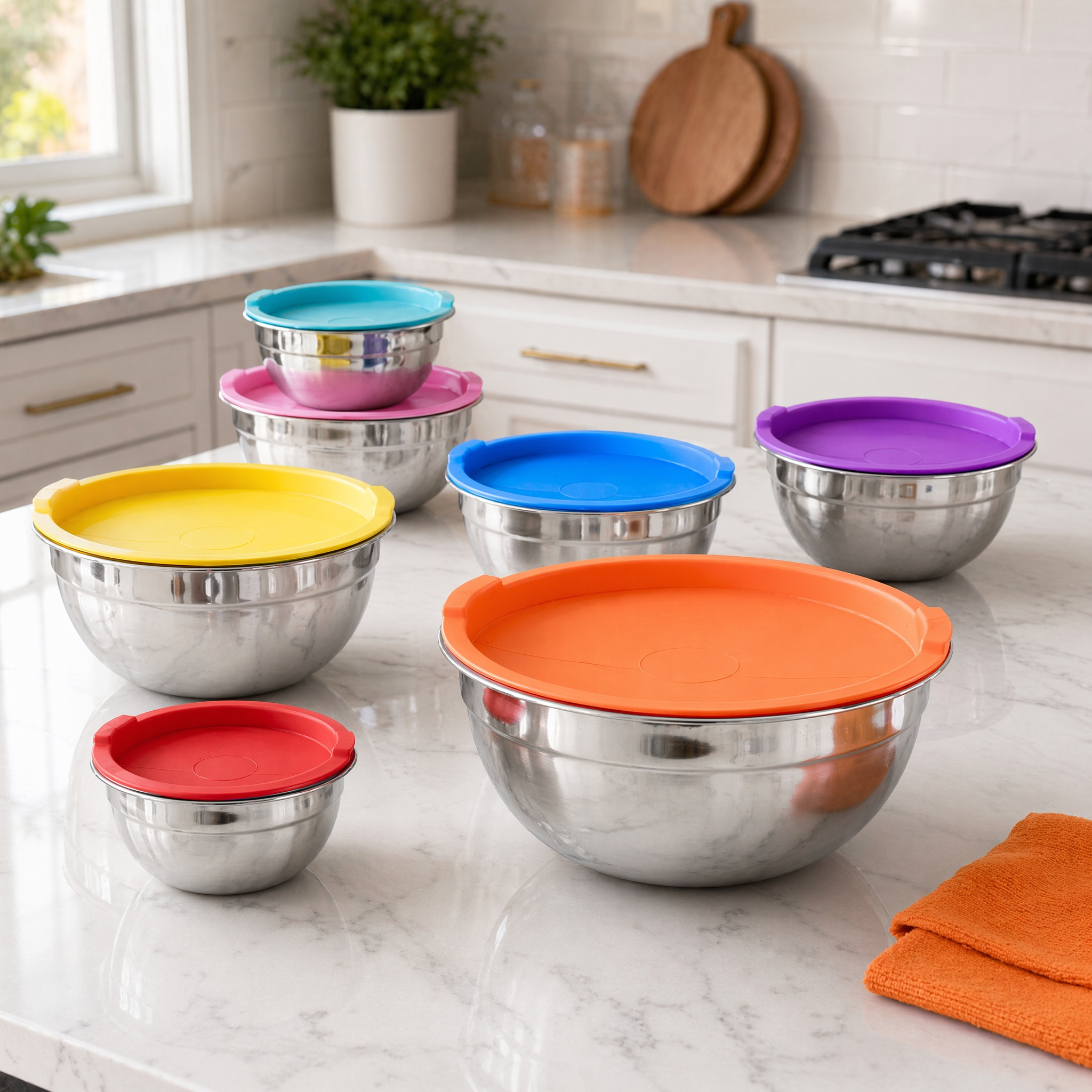 Set Of 7 Stackable Stainless Steel Bowls With Color Lids, Salad & Mixing Bowls, Practical Kitchen Cooking Utensils