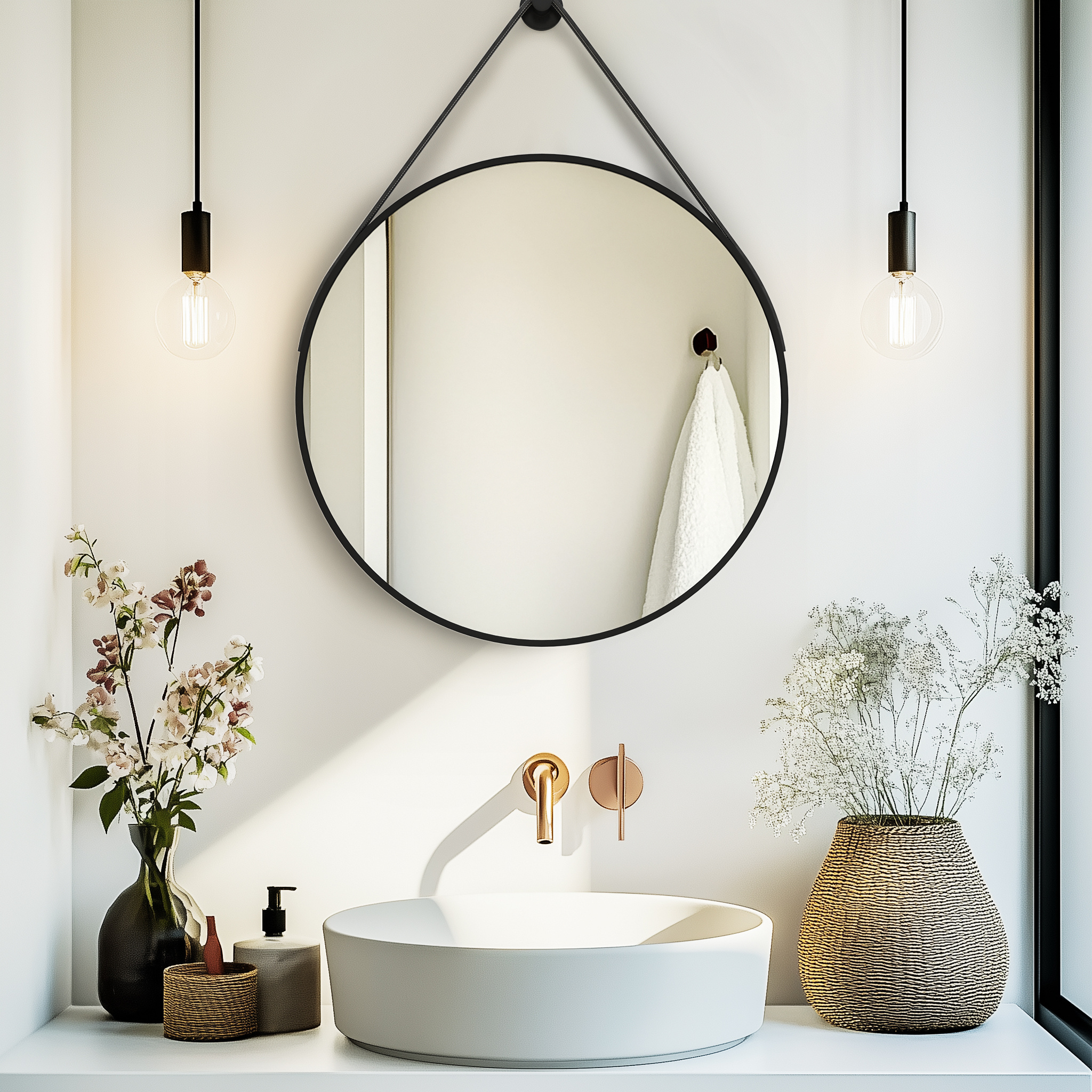 Image of Classic Round Wall Mirror - Leather Wrapped Frame Hd -proof Vanity Mirror, Microfiber Leather Strap Hanging Mirror For Bathroom Entryway Bedroom Living Room Decor, 60/70/80cm