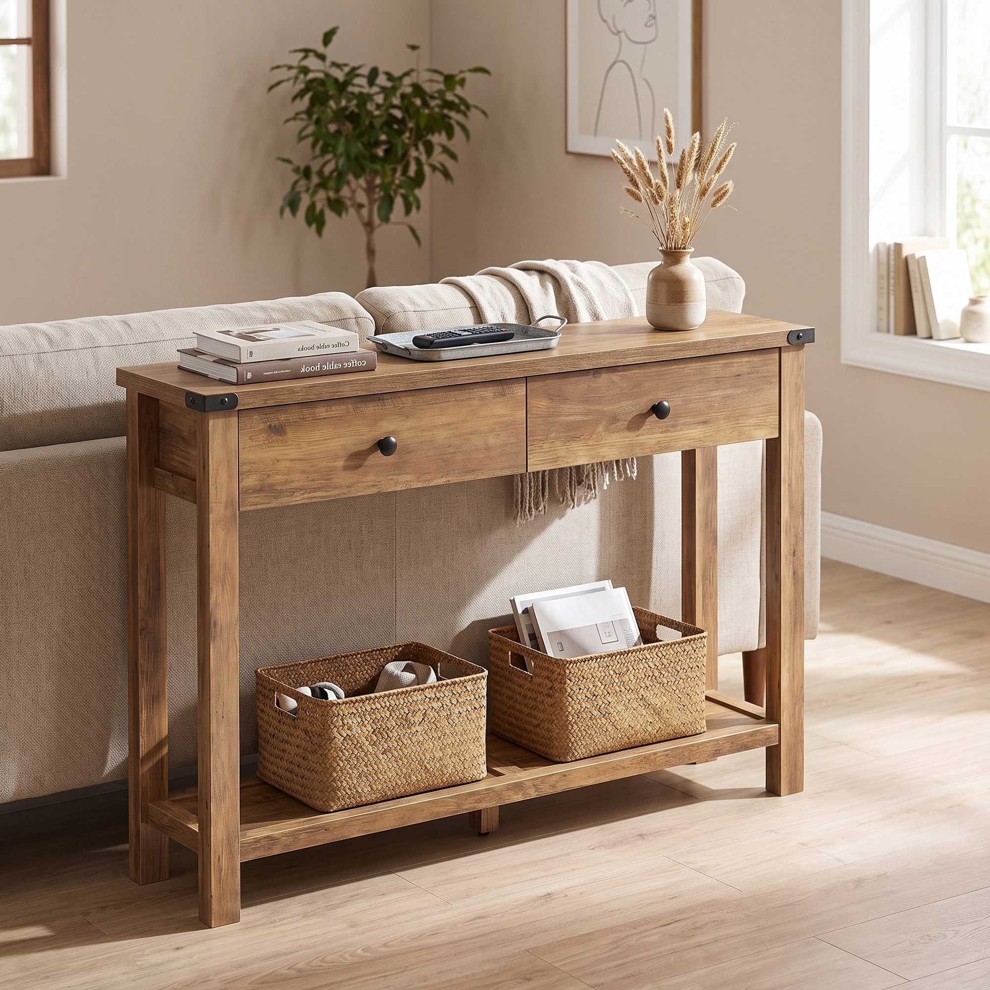 Image of Console Table, Side Table With Shelf, Narrow Console Table With 2 Drawers, For Living Room, Farmhouse Style, 24 X 100 X 76 Cm, Warm Brown And Gray-red