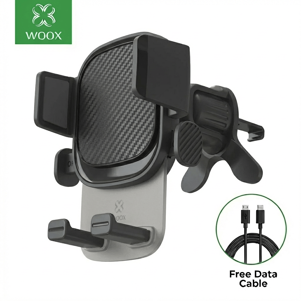 TEMU El soporte para teléfono de coche WOOX un gancho para la rejilla de ventilación, rotación de 360° y un de sujeción con un solo botón. Es