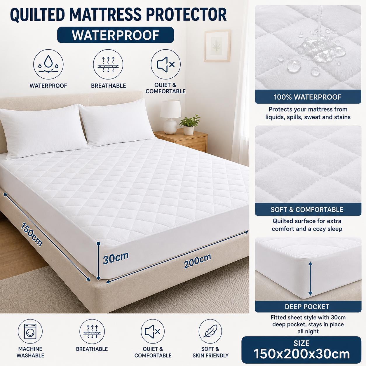 TEMU Protector de Colchón Impermeable y Acolchado 150x200+30 CM – Quilted Mattress Protector, Transpirable, Silencioso, Ajustable y Lavable a Máquina