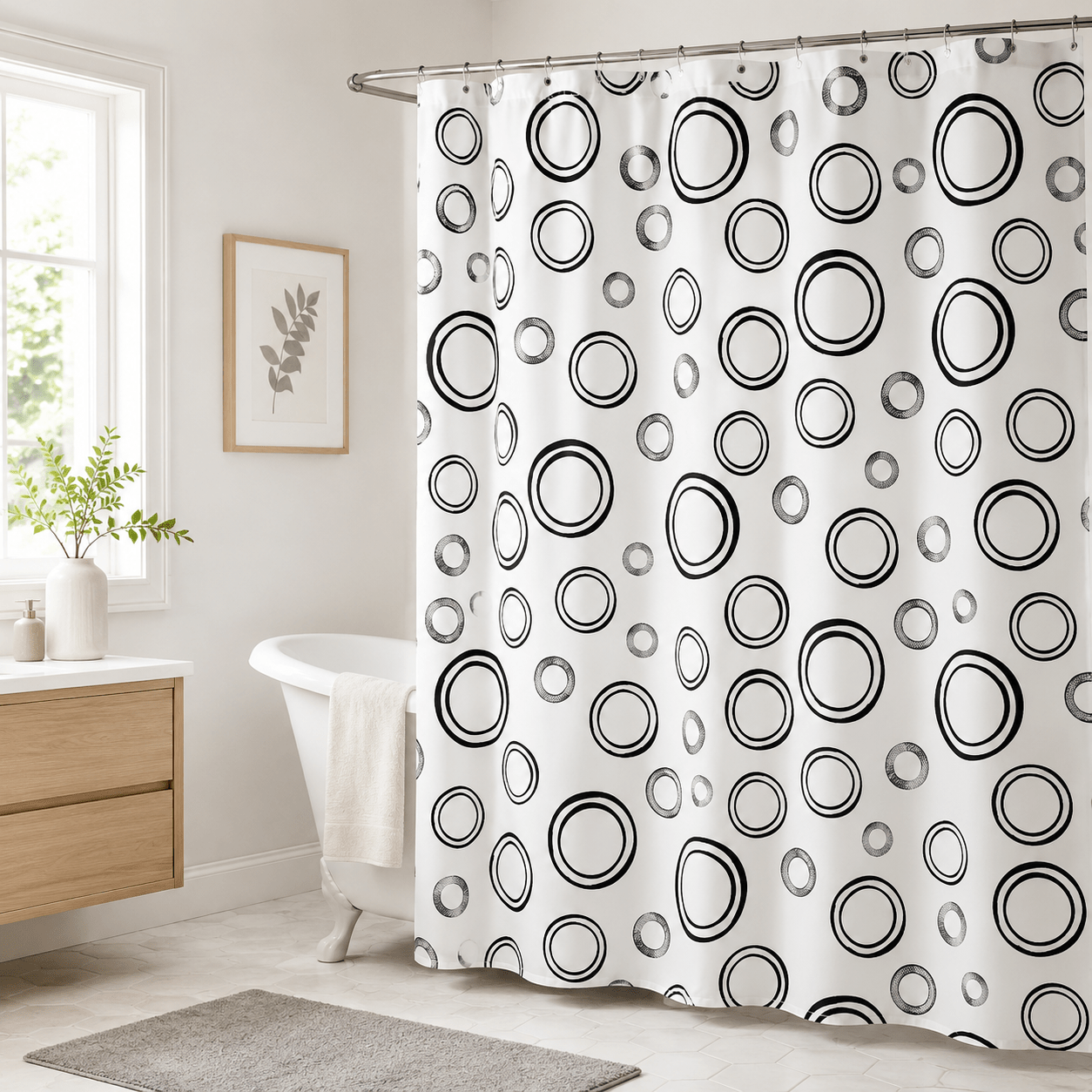 TEMU Black Circle Pattern Peva Shower Curtain 180×200cm With 12 Plastic Hooks, Modern Geometric Bathroom Curtain, Lightweight Washable Decorative
