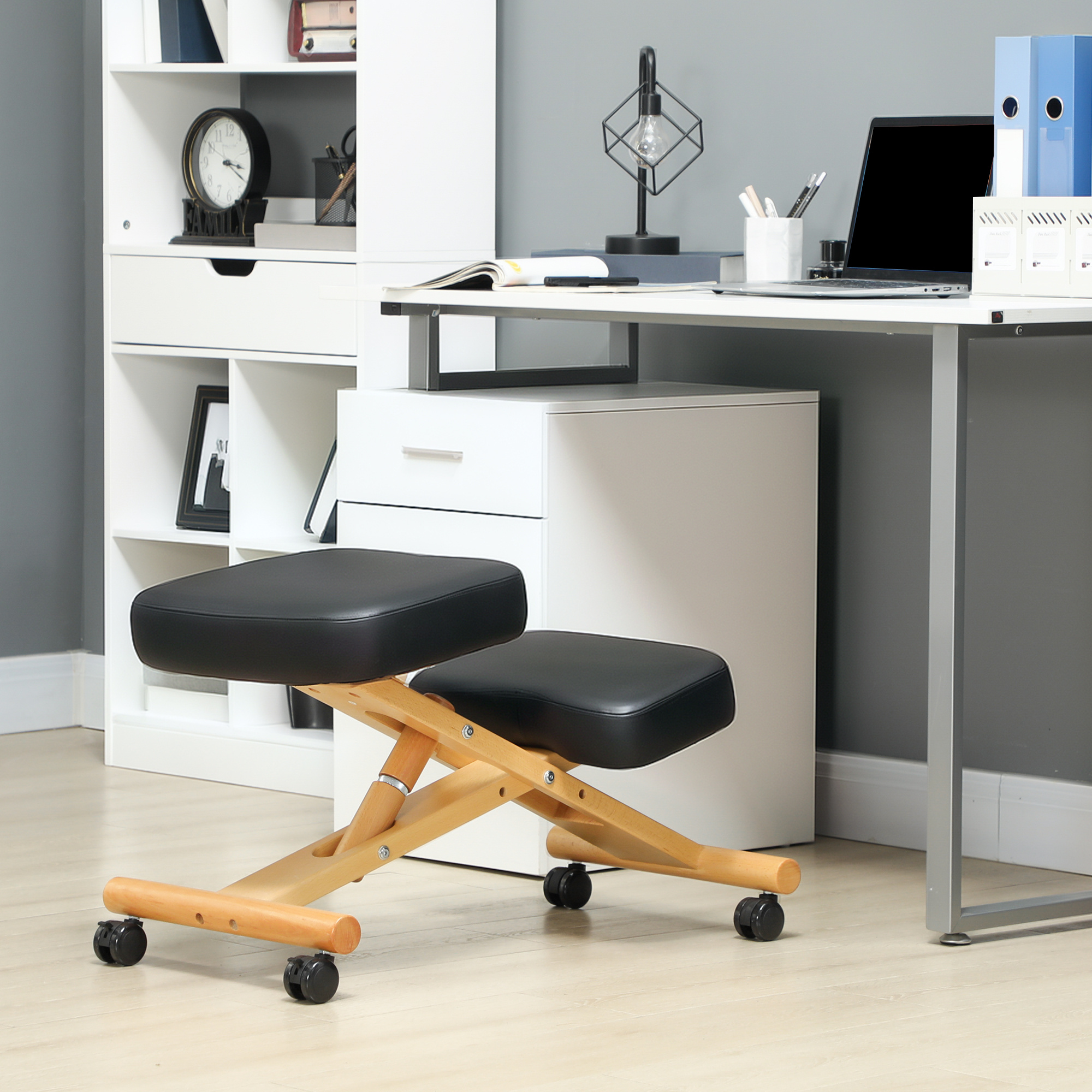 Image of Kneeling Chair Ergonomic Knee Stool With Wheels, Wooden Frame Seat Stool Office Chair Health Chair For Improving Neck Pain For Home And Office