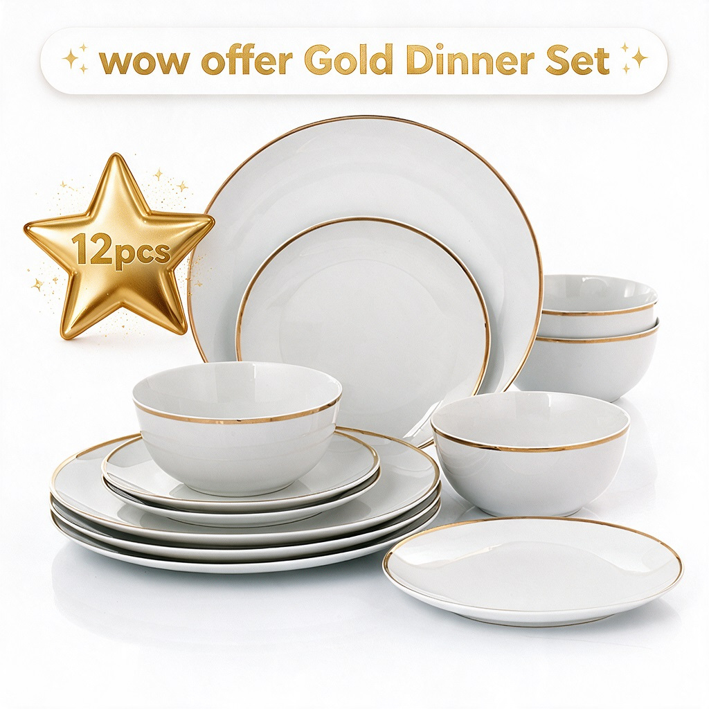 TEMU ** Gold Dinner Set ** 12pcs Waterside Goldline Porcelain Dinner Set; 4 Dinner Plates, And Deep Bowls
