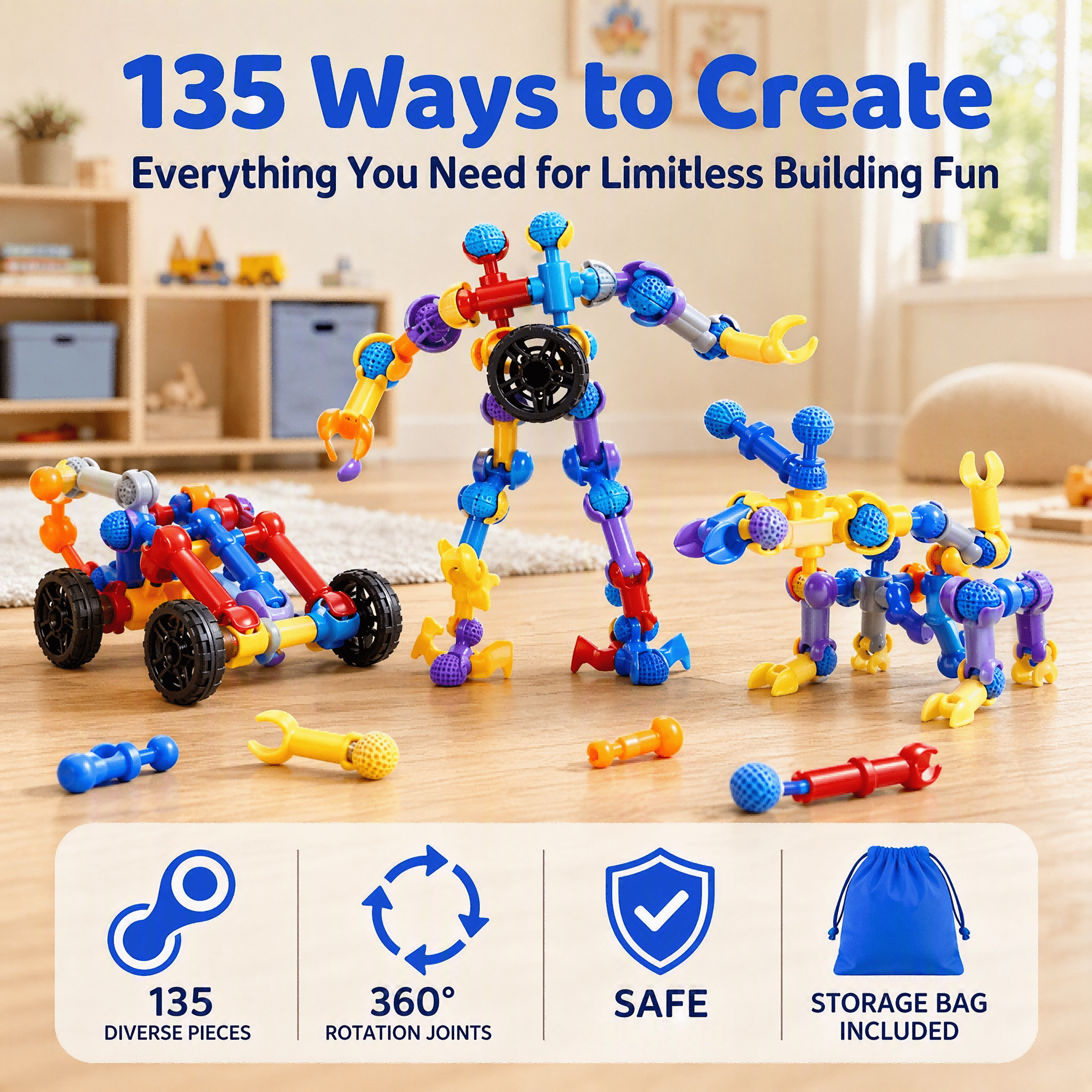 Image of 135 Pieces Of Building Block Toys, Children's Multifunctional Skeleton Building Block Joint Sticks, Children's Building Block Creative Games, Imagination, Ideal Christmas And Birthday Gifts