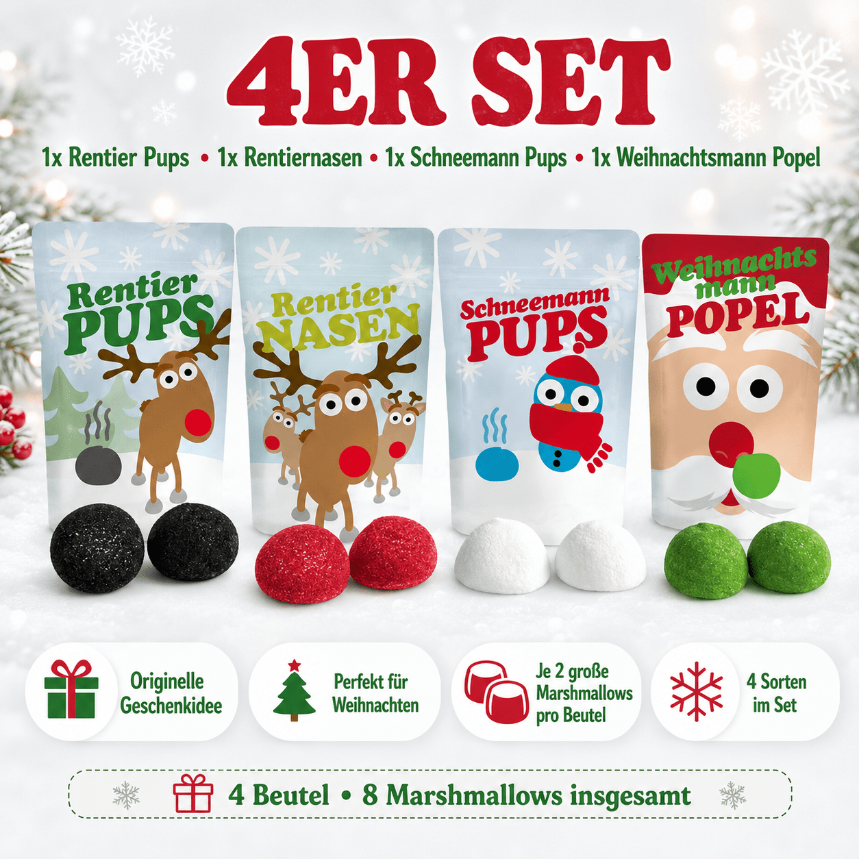 Image of 4-piece Christmas Marshmallow Set – Reindeer Noses, Reindeer Farts, Snowman Farts & Santa Boogers – 8 Large Marshmallows, 4 × 18 G