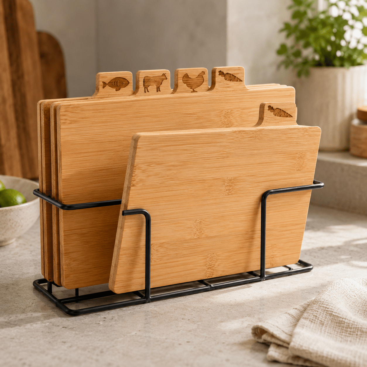 TEMU 4 Bamboo Cutting Boards With Black Metal Stand - Professional Kitchen Cutting Boards With Icons, Durable Bamboo Wood, And Easy To Clean, Ideal