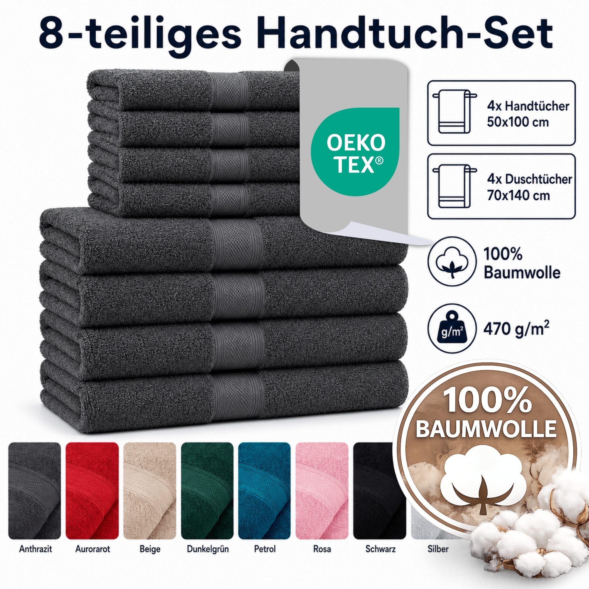 Image of 8pcs Hand Towel Set Made Of 100% - 4x Hand Towels 50x100 Cm & 4x Bath Towels 70x140 Cm - 470 G/m², Soft, Absorbent, Easy To Care For - 10 Colors