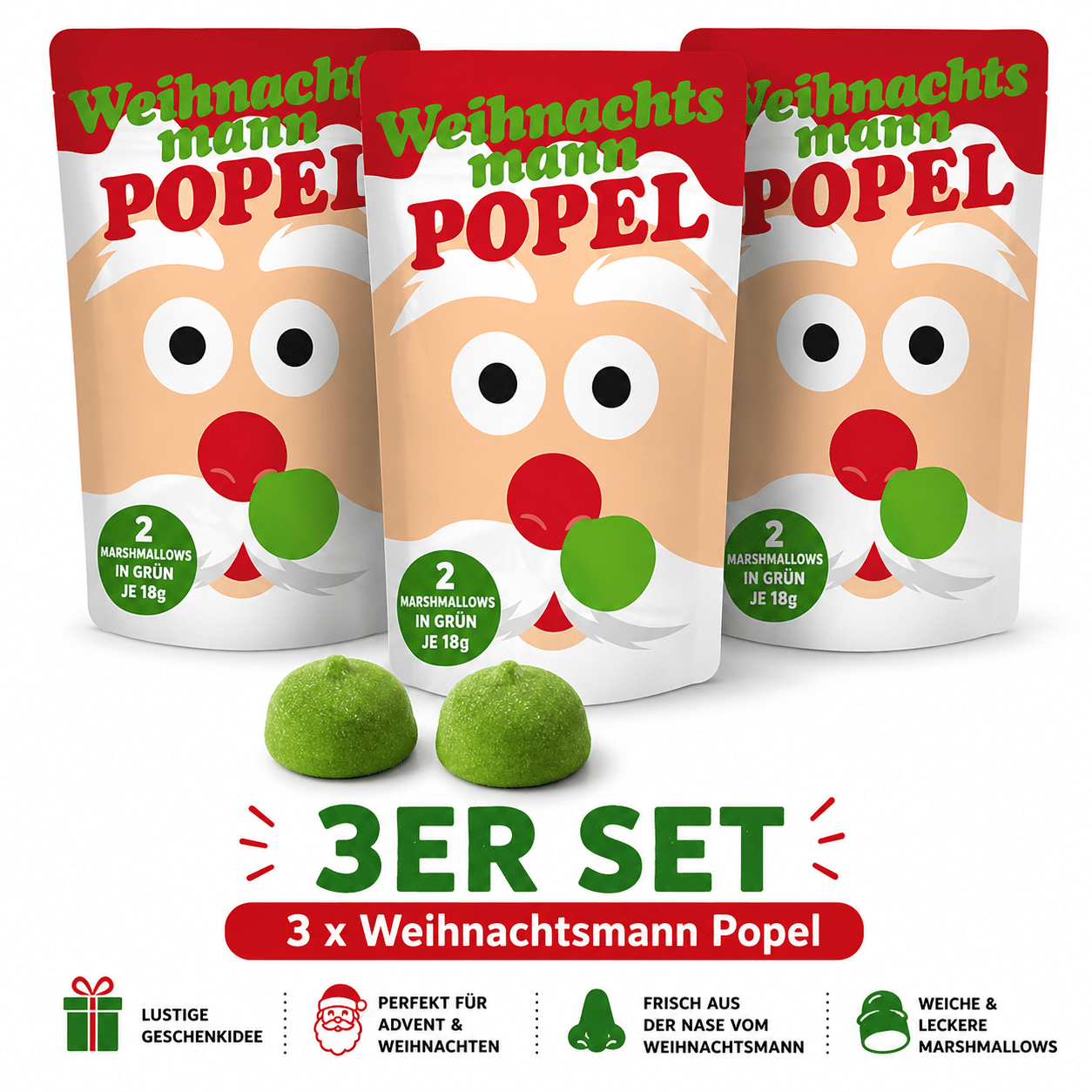 Image of 3rd Set Santa Claus Popel Marshmallows – 6 Large Green Foam Sugar Sweets, Funny Christmas Gift Idea, 3 × 18 G