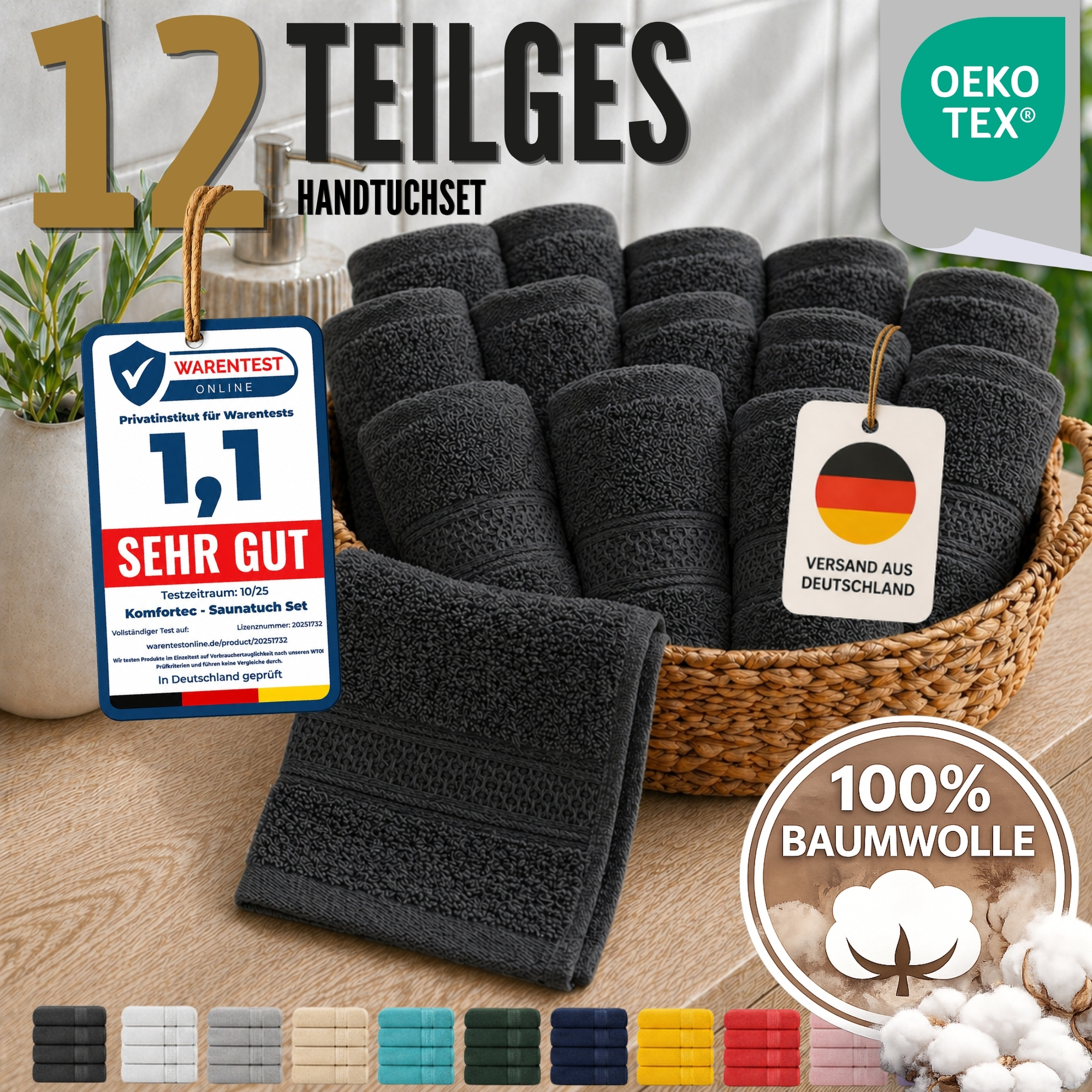 12pcs Set Of Guest Towels 30x50 Cm Made Of 100%- 500 G/m², Soft, Absorbent, Quick-drying, Skin-friendly, , For Bathroom & Guest Toilet