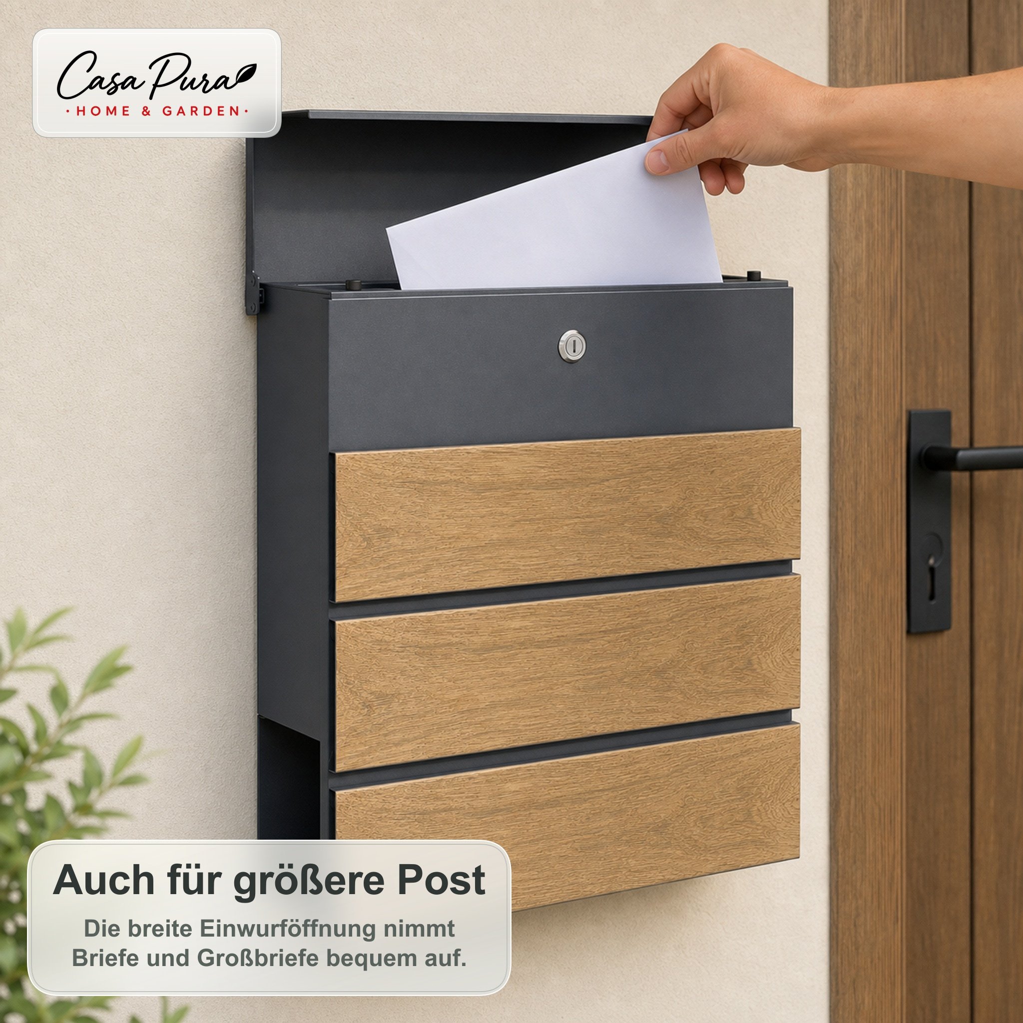 Image of Elegant Mailbox 37 X 41 X 13 Cm (wxhxd) In With Wood Optic, With Integrated Newspaper Compartment, Lockable, Made Of Galvanized Steel, Weatherproof, Including Mounting Material.
