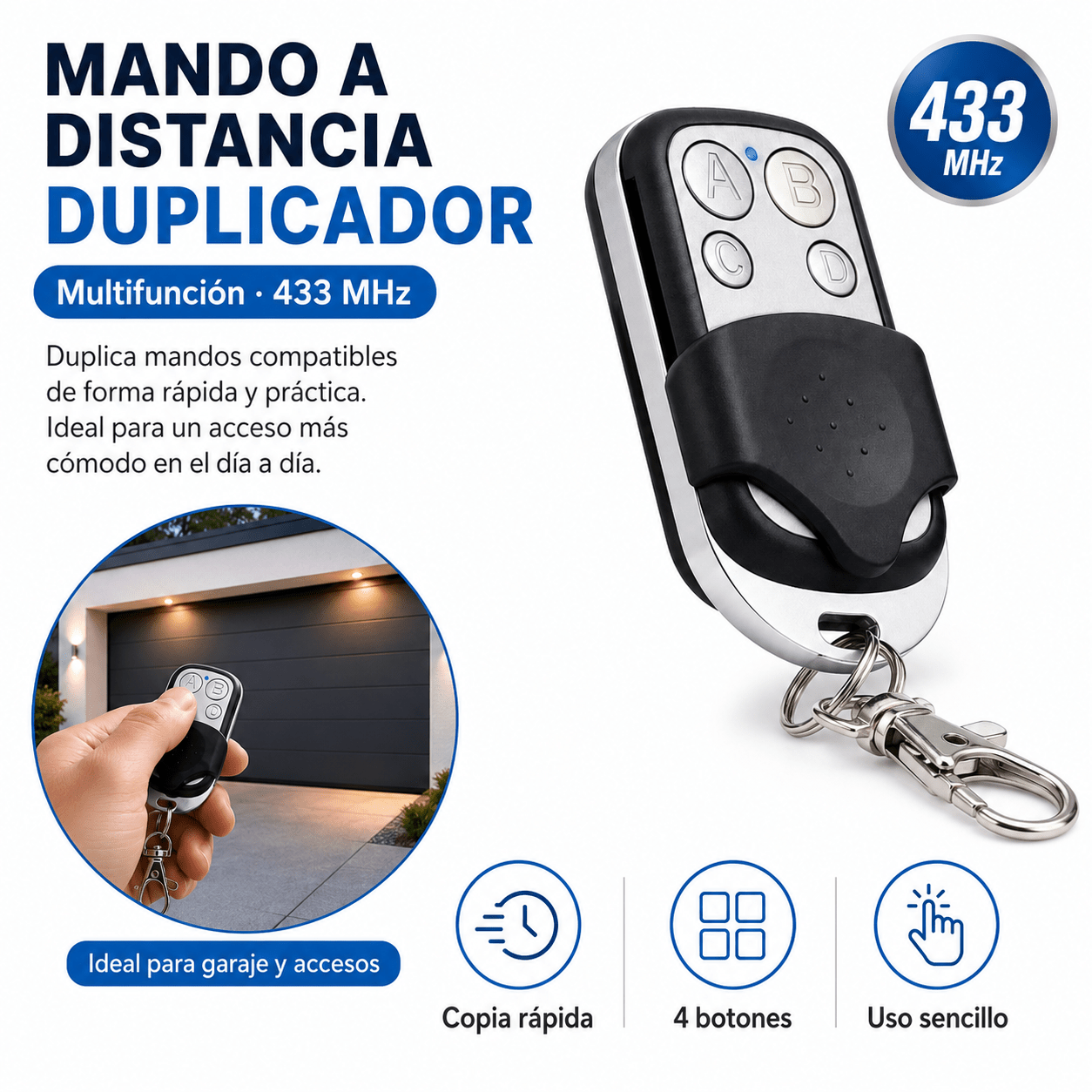TEMU Mando a Distancia 433 MHz de 4 Botones, Mando de Garaje Multifunción con Llavero, Rápida para Puertas, Garajes, Parking y Sistemas de Acceso