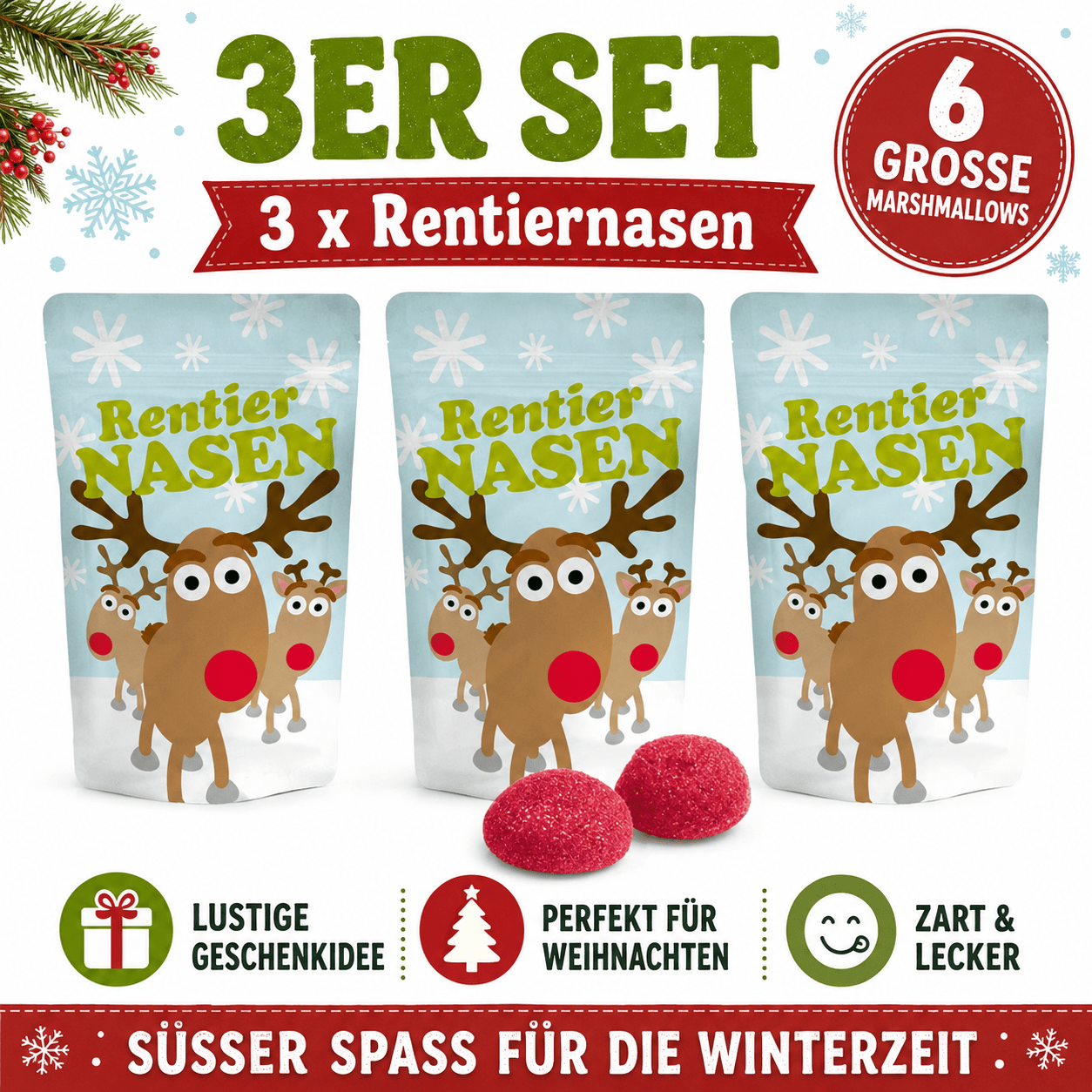 Image of 3-pack Reindeer Nose Marshmallows – 6 Large Red Foam Sugar Bacon Balls, Fun Christmas Gift Idea, 3 × 18 G