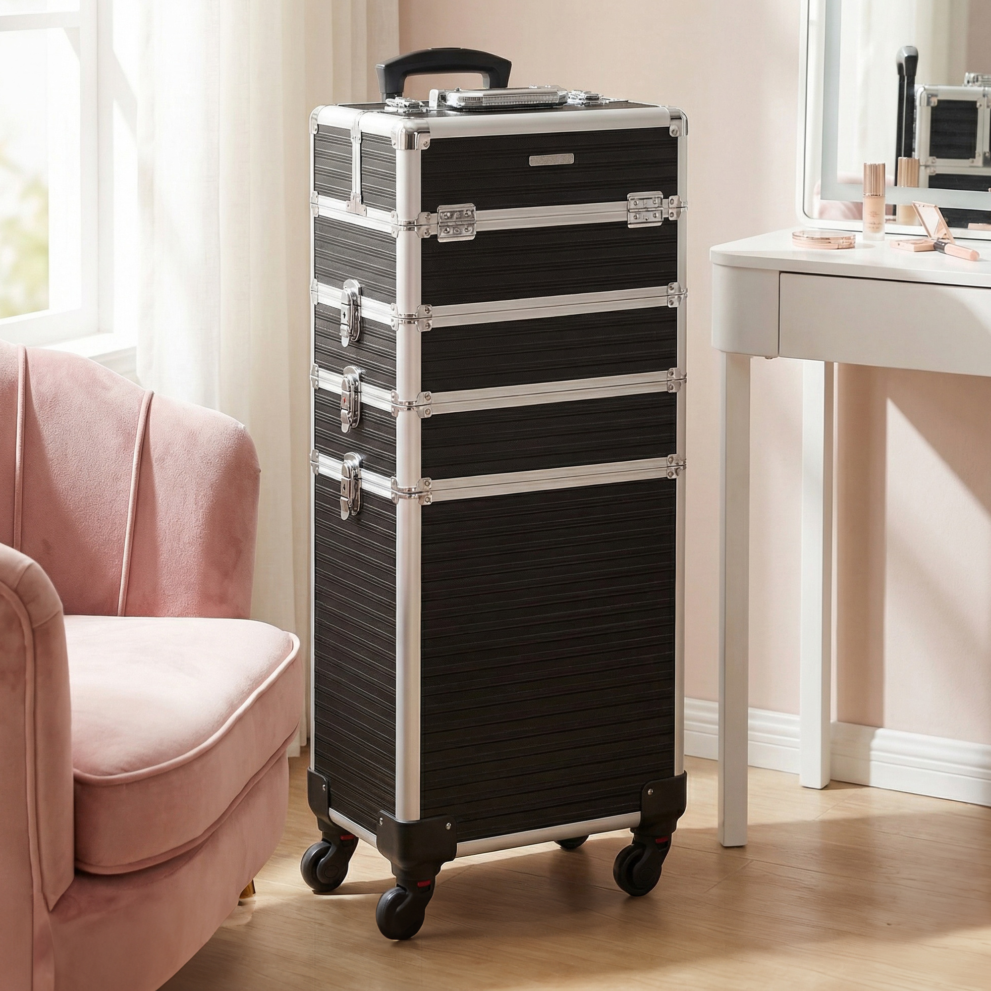 chariot à cosmétiques 4-en-1, trousse de maquillage à coque rigide avec roulettes à 360°, 35,7 x 27 x 81 cm, noir