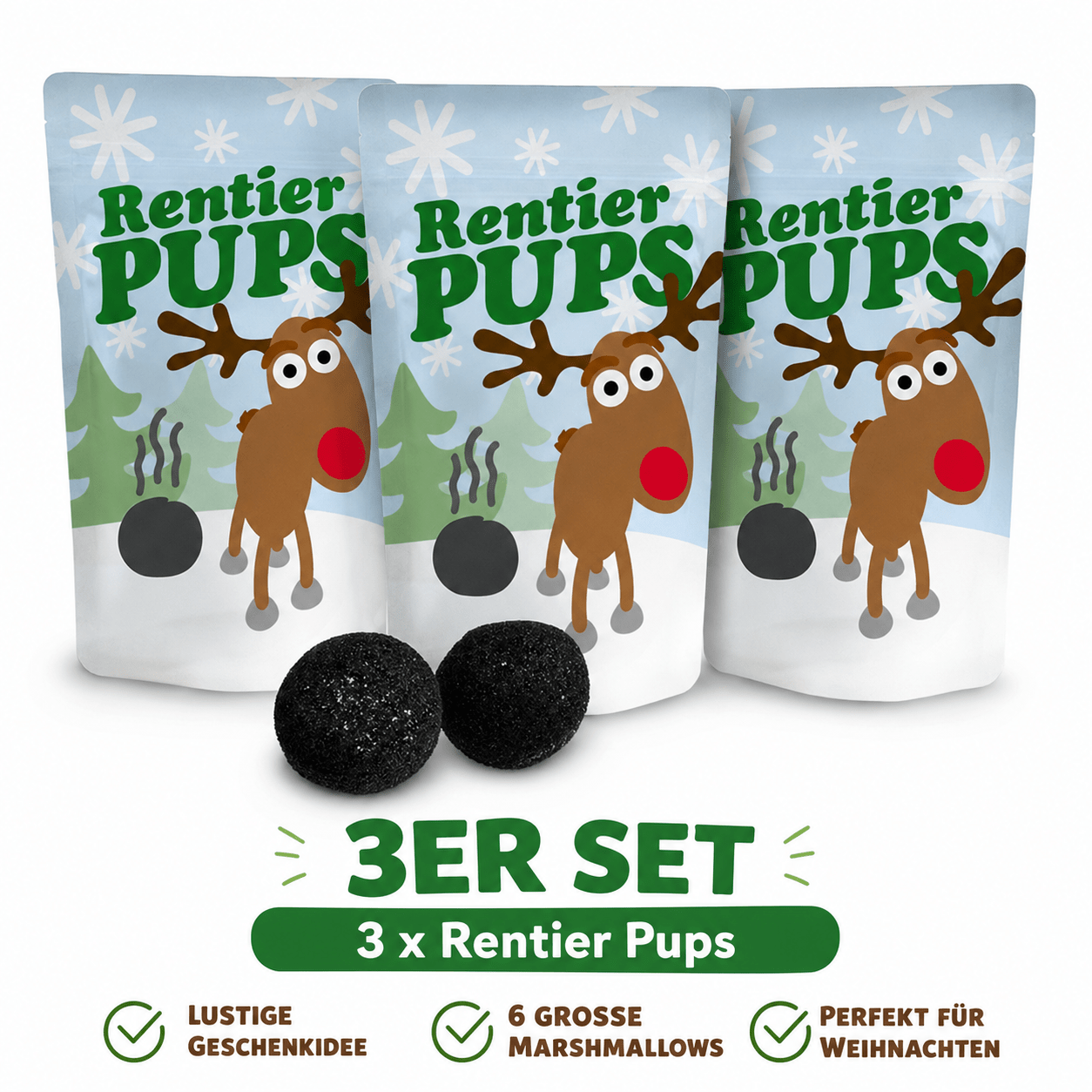 3-pack Reindeer Pups Marshmallows – 6 Large Black Foam Sugar Bacon Balls, Fun Christmas Gift Idea, 3 × 18 G
