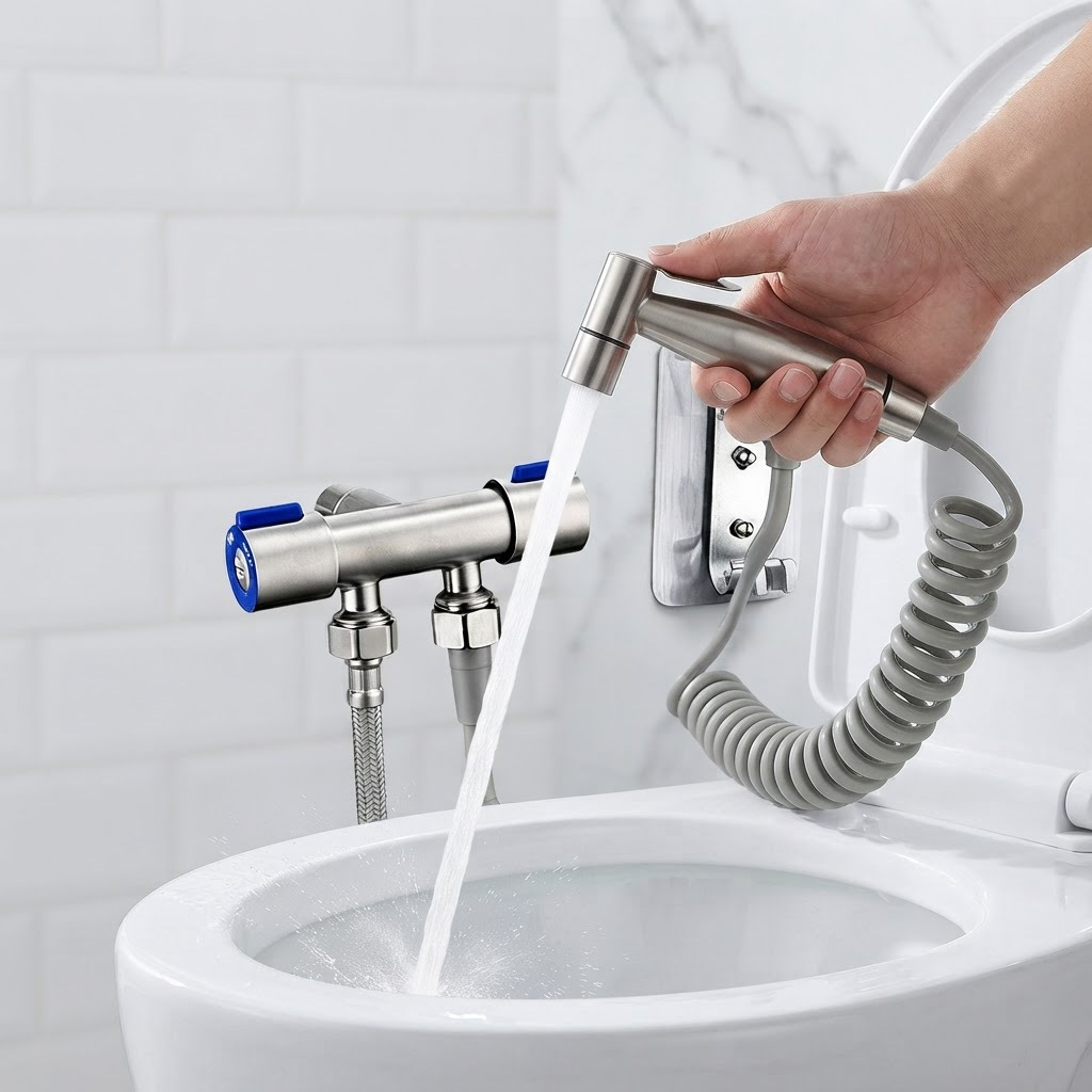 Image of Bidet Sprayer Set With Stainless Steel Hose, 1/2" Dual Outlet Cold Water Jet Spray For Toilet, Wall Mounted Non-electric Bidet Attachment With -free Coiled Hose