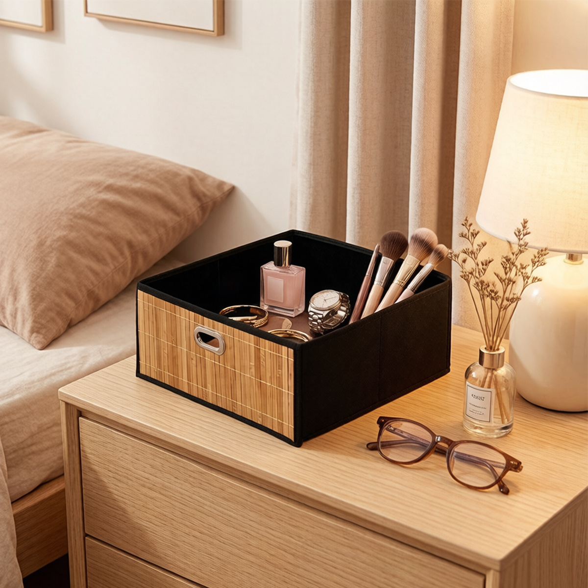 TEMU organizadora plegable cuadrada de bambú 31×31 cm, cesta de tela plegable. Ideal para ordenar ropa en armarios, estanterías y armarios de cocina,
