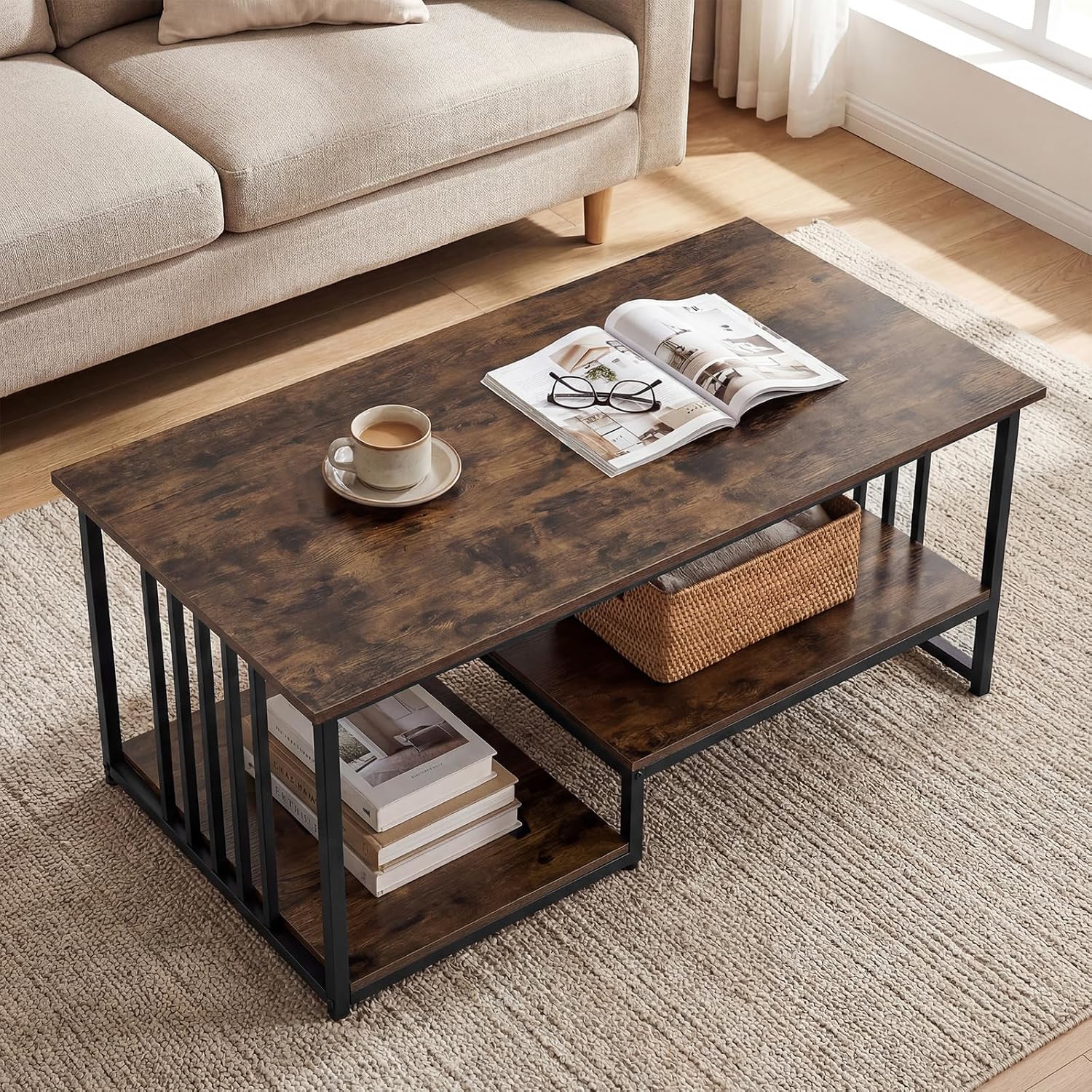 Coffee Table, Rectangular Center Table With 2 Storage Shelves & Heavy-duty Metal Frame, Modern Accent Table, Cocktail Snack Table For Living Room Lounge, 110 X 60 X , Rustic Brown