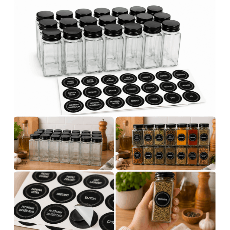 zdjęcie przedmiotu zestaw 24 słoiczków szklanych na przyprawy, słoiki 120 ml z naklejkami, idealne na przyprawy, zioła i produkty sypkie, nakrętka i dozownik 2 w 1, organizer do przechowywania przypraw w kuchni, spiżarni, na półce lub w szufladzie, wysoka jakość wykonania, uniwersalne zastosowanie, prezent dla miłośników gotowania