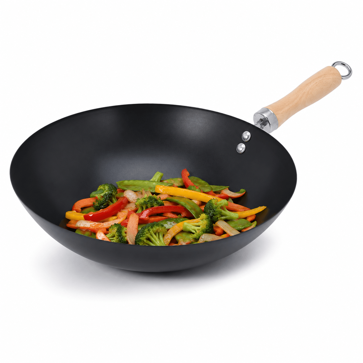 Wok Pan In Carbon Steel 30cm | , Wooden Handle | Wok Pan Suitable For Gas Or Induction Cooktop, Ideal For Asian Cooking, For Stir-frying Vegetables, Carbon Steel