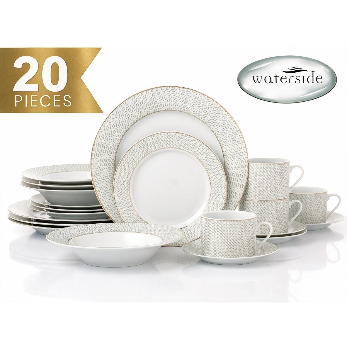 TEMU ** Premium Gold Dinner Set Offer ** Waterside 20pcs Premium Diamond & Gold Porcelain Dinner Set - 4 Dinner Plates, 4 , 4 Soup Bowls And 4
