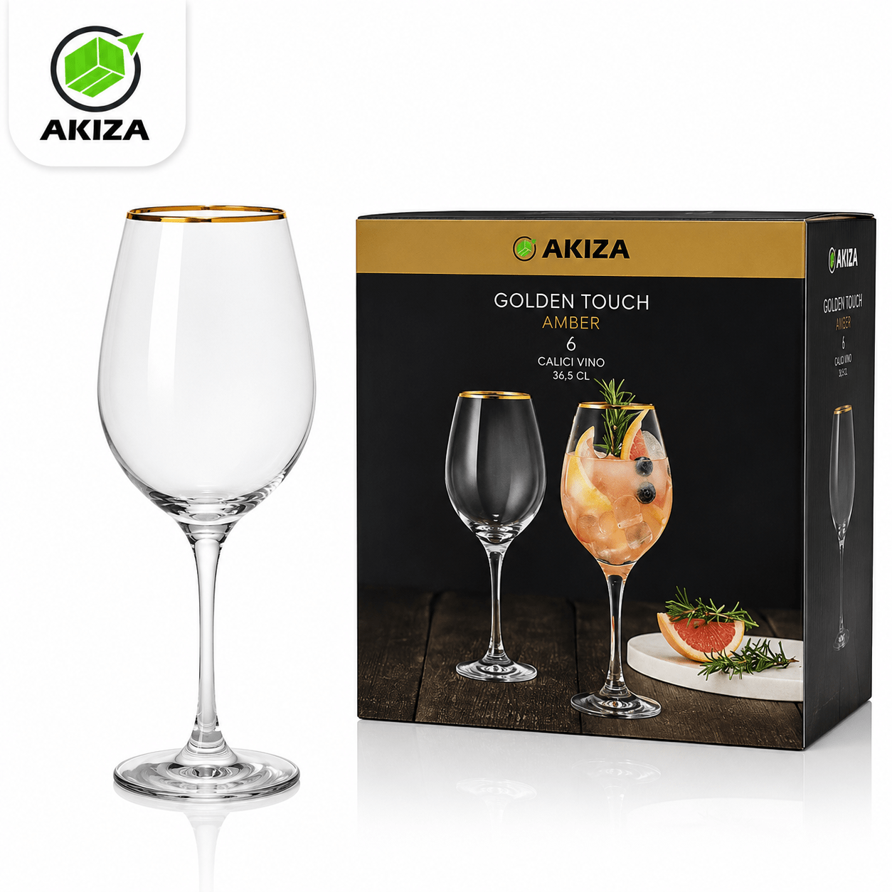 TEMU Set 6 Calici da Vino 36,5 cl con Bordo , Bicchieri Eleganti in Vetro per e , Design Moderno, Golden Touch AKIZA