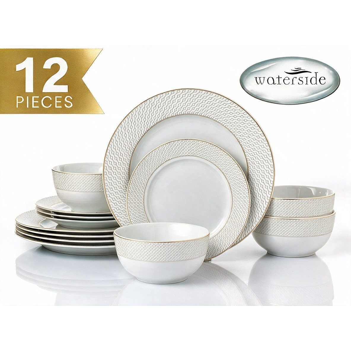 TEMU ** Premium Gold Dinner Set ** Waterside 12pcs Premium Diamond Porcelain Dinnerware Set; 4 Dinner Plates, And Deep Bowls