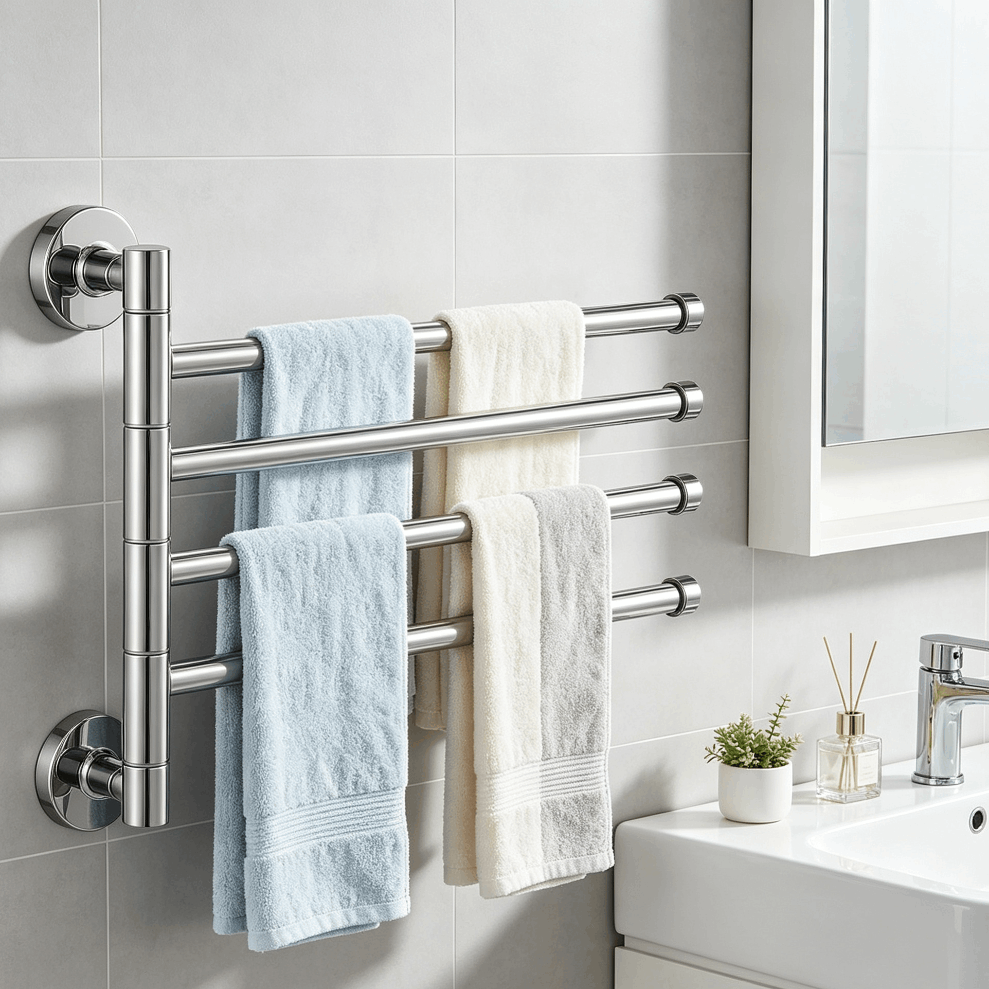 Swivel Towel Holder With 4 , Wall-mounted, Silver Stainless Steel, Space-, For Bathroom, Bedroom, Living Room, And
