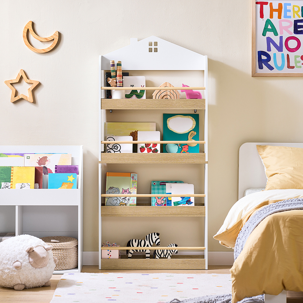 TEMU Librería Infantil Estantería Infantil Organizador de Libros y Juguetes con 4 Estantes Barras de Seguridad para Libros Juguetes Decoración