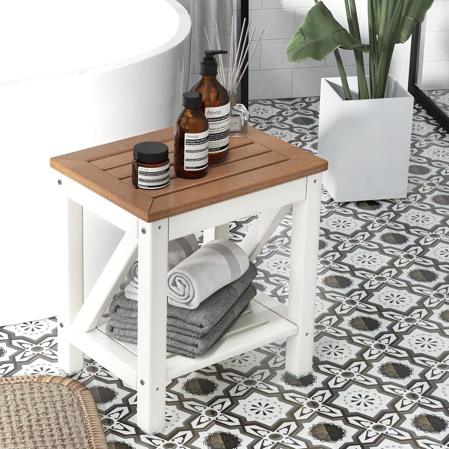 Hdpe Shower Bench, 2-tier Bathroom Shower Stool With Bottom Storage Shelf And Non-slip Foot Pads For