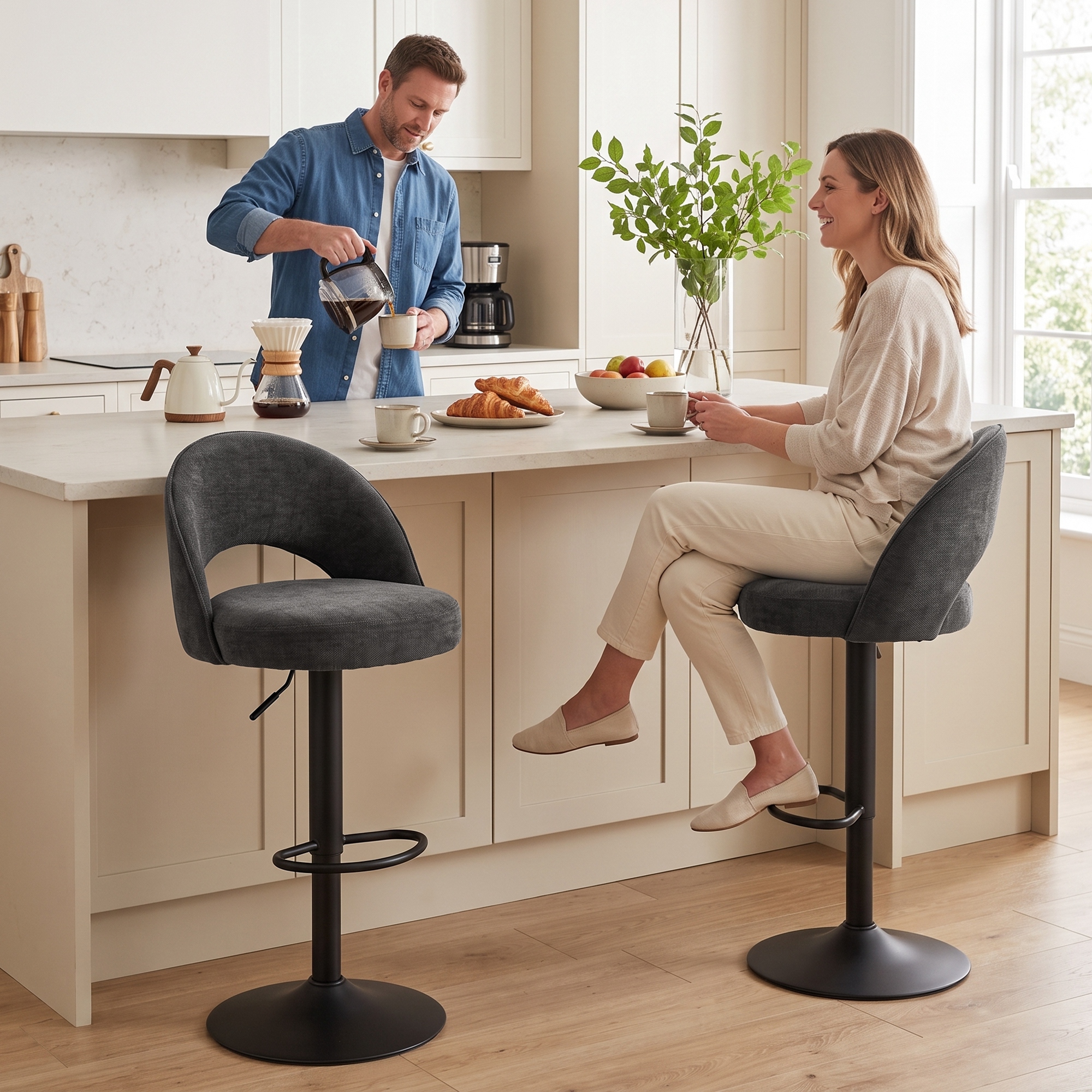 Image of Bar Stool 2pcs Set Swivel Bar Chair With Backrest, Height-adjustable Kitchen Chairs With Footrest, Chenille-optic, Counter Stool For Kitchen, Living Room, Dining Room, Dark Grey