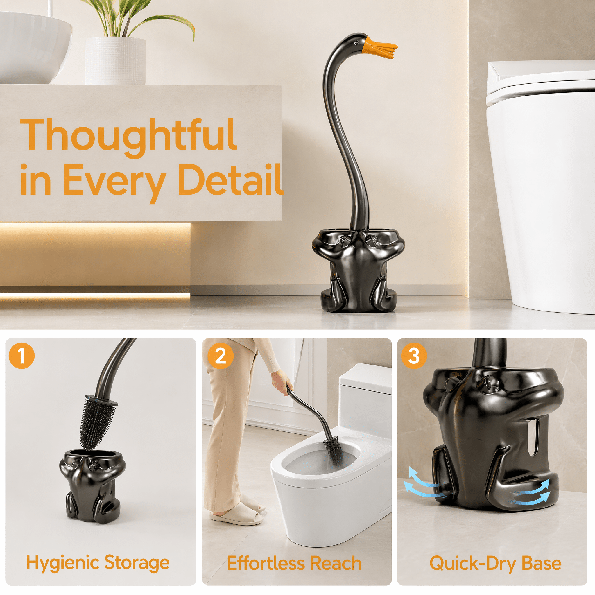 Image of Bristle-free Tpr Swan Shaped Toilet Brush, Wall Mount & Freestanding Design, Hollow Quick Draining Base, No Dead Corner Toilet Cleaner For Small Space, Rental House, Rv, Lead Gray