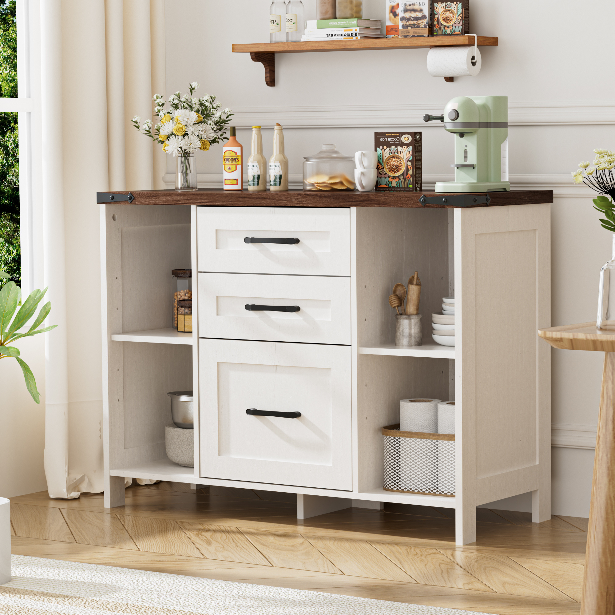 White Storage Cabinet From, Sideboard With 3 Drawers & Adjustable Shelf For Dining Room, Kitchen And Hallway