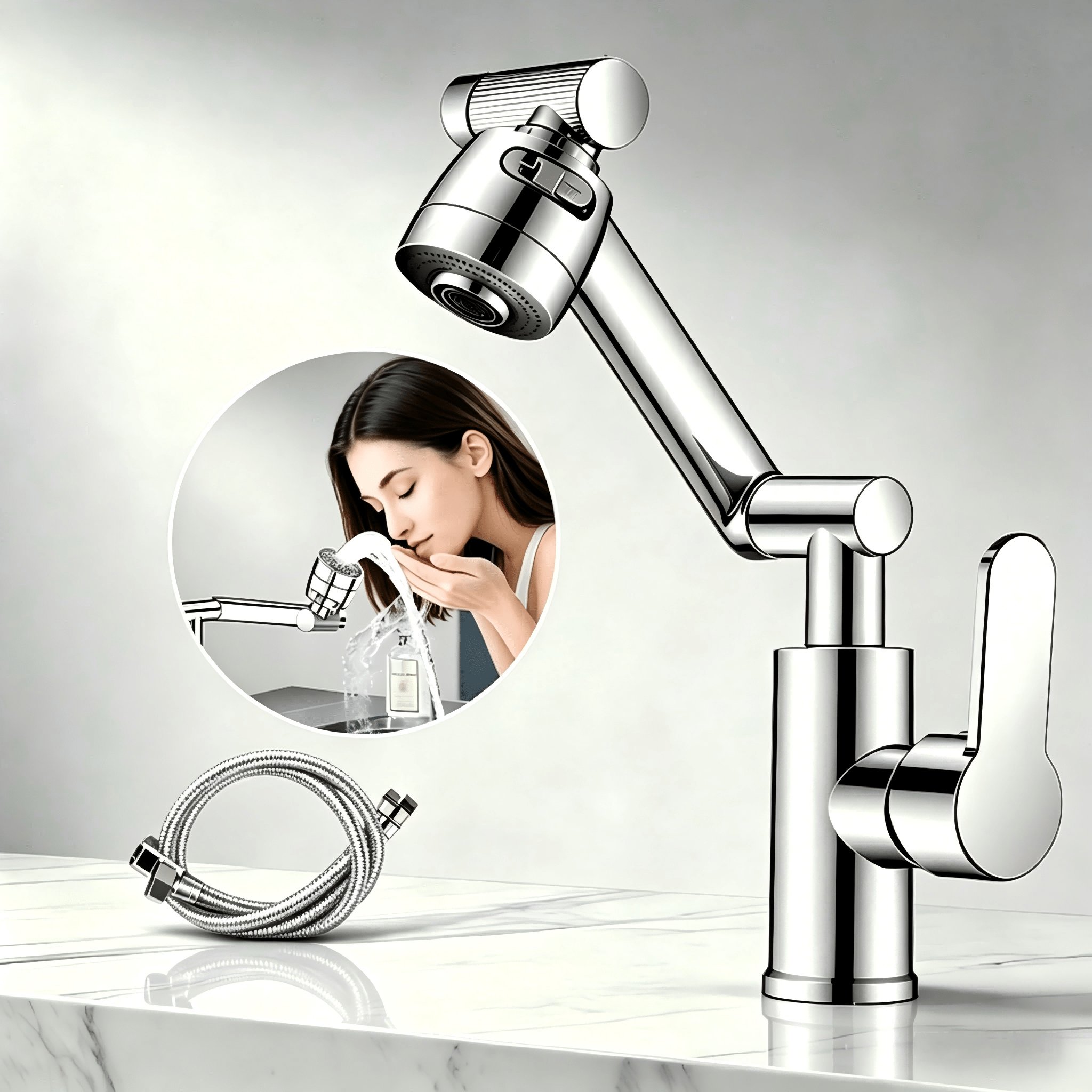 Artikelbild schwenkarm-wasserhahn, drehbarer arm, drehbarer wasserhahn, küchenarmatur, badezimmerarmatur, 2 sprühmodi, mit zwei schläuchen,   für küchenspülen (silber)