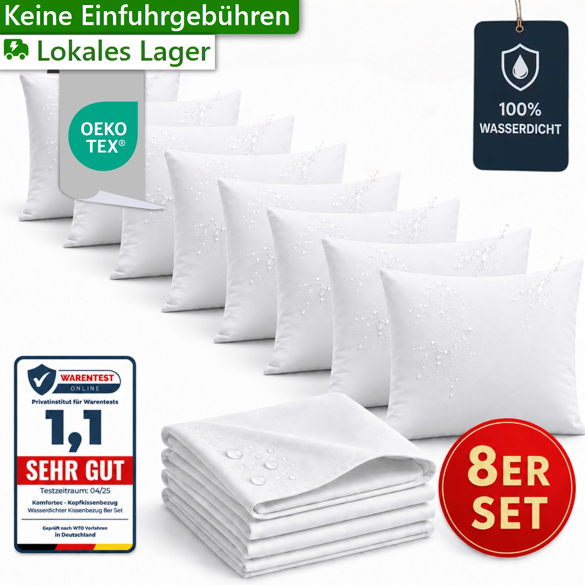 Image of 8-piece Set Of Waterproof Pillow Covers With Zipper, Breathable Pillow Protector, Soft, Quiet, And Easy To Care For, For Bedroom, , And Dorm