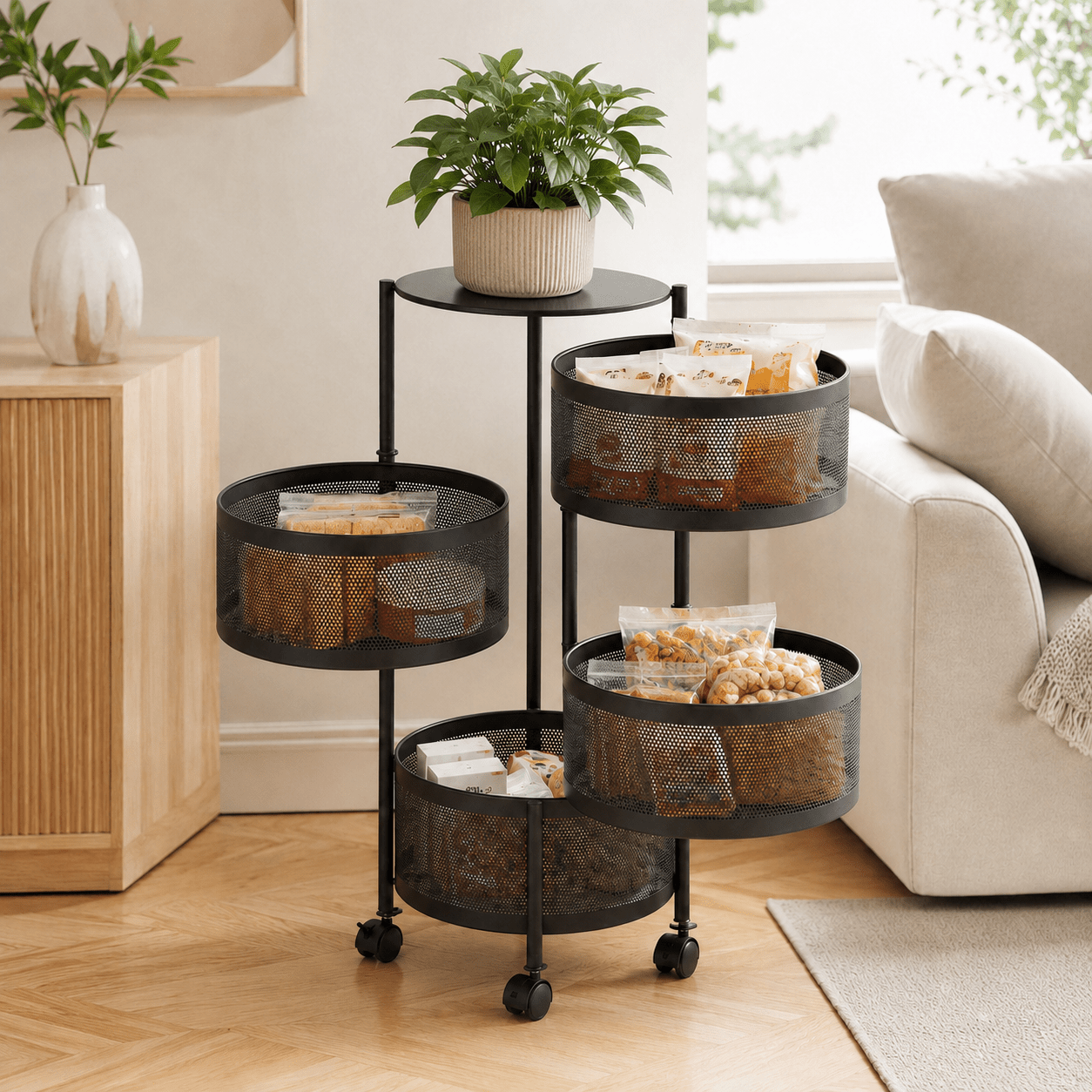 TEMU Carrito Organizador de 4 Niveles con Ruedas, Estantería Metálica de Malla, Gran Capacidad, Fácil de Mover, para salones, dormitorios, baños,