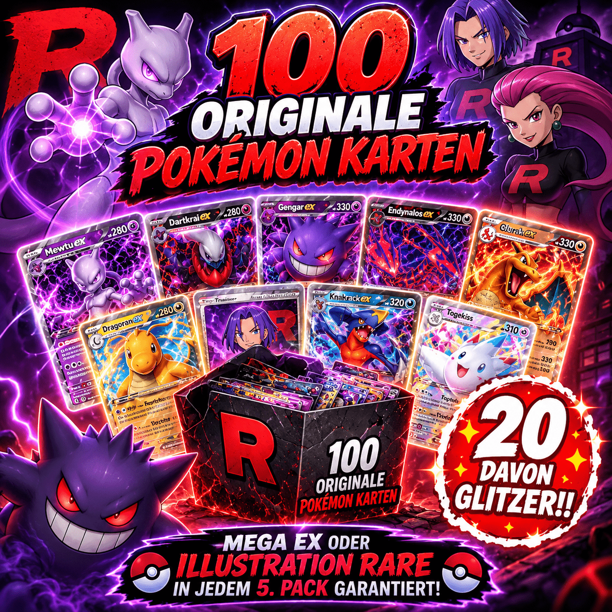 Fan Set 100 Cards - 80 Cards + 20 Special Glitter Holos Or Shiny Cards, Each Pack