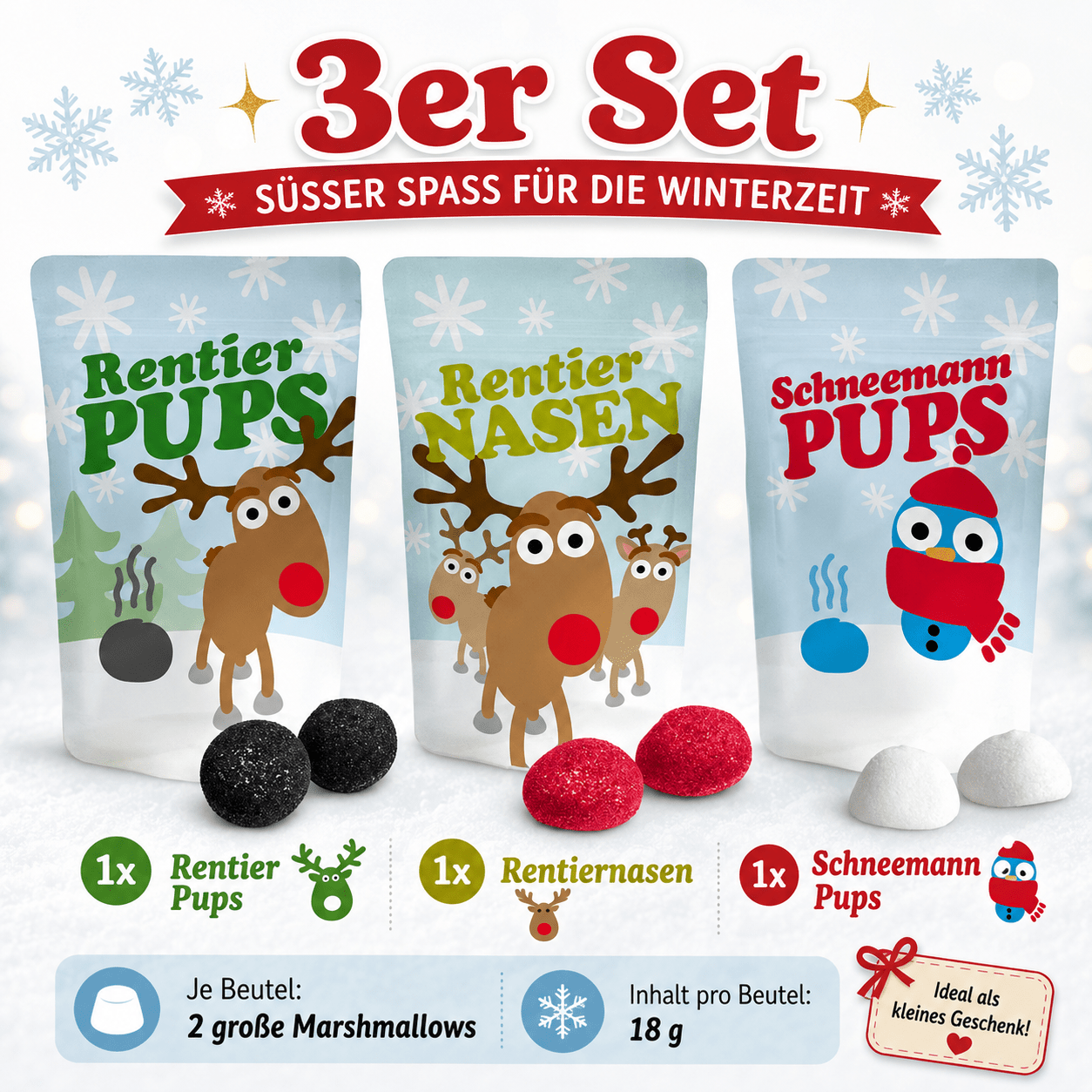 Image of 3-piece Set Christmas Marshmallows – Reindeer Poops, Reindeer Noses & Snowman Poops – 6 Large Foam Sugar Bacon Balls, Fun Gift Idea, 3 × 18 G