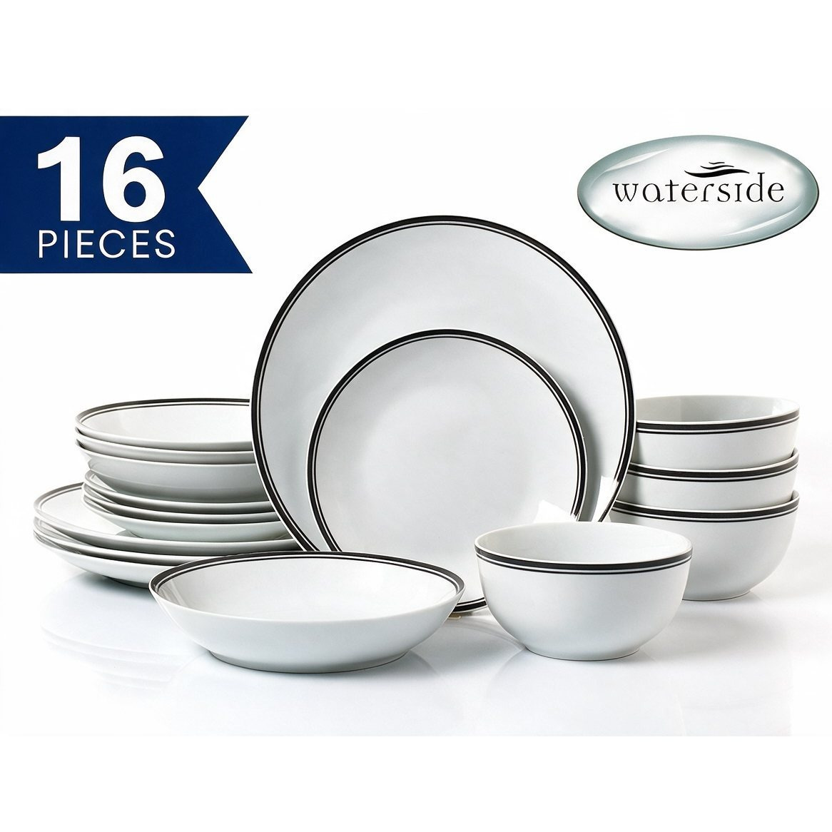 TEMU ** Summer Offer ** Waterside 16pc Black Porcelain Dinner Set; Dishwasher & Microwave Safe - 4 Dinner Plates, , Deep Bowls And Cereal Bowls