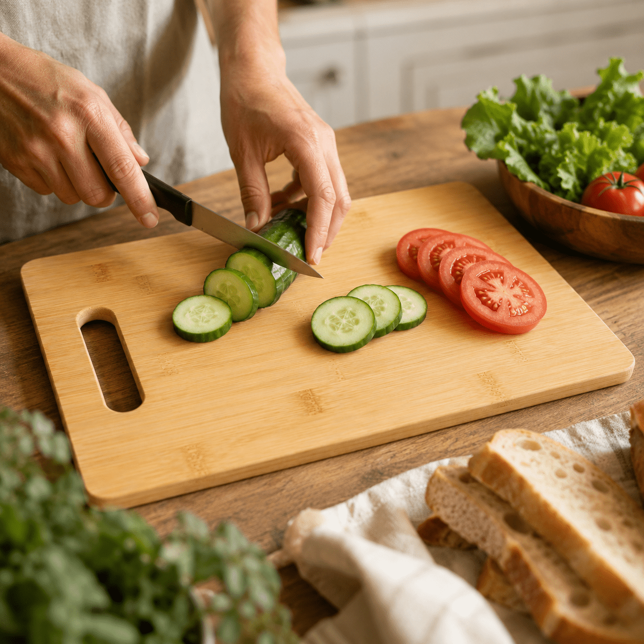 TEMU Planche à découper en bambou naturel 36x23x cm - Planche de cuisine professionnelle avec poignée, bois de bambou durable, antiadhésive et facile