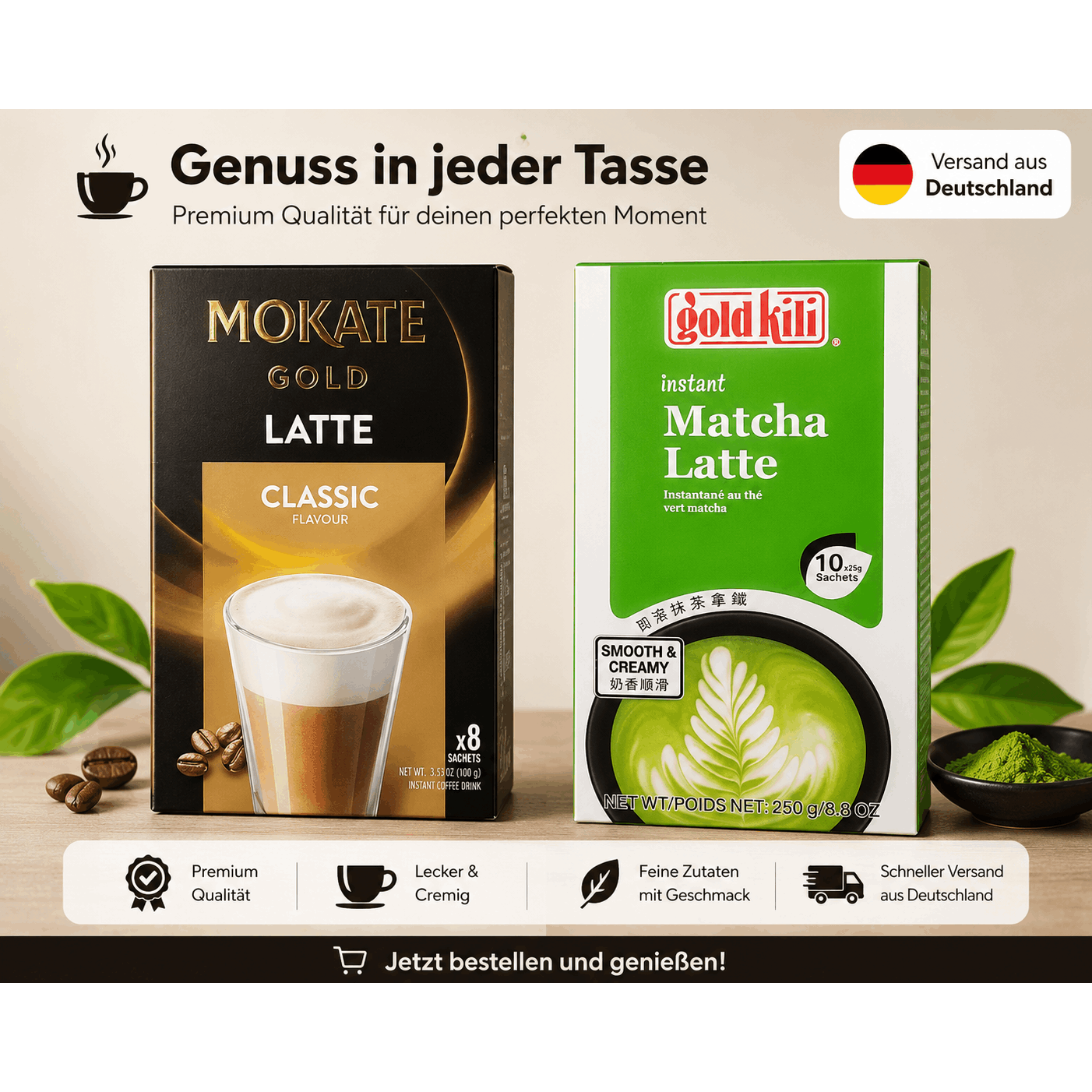 Image of Mokate Gold Latte + Gold Kili Matcha Latte | Instant Coffee & Matcha Set | 18 Serving Sachets | Premium Beverages