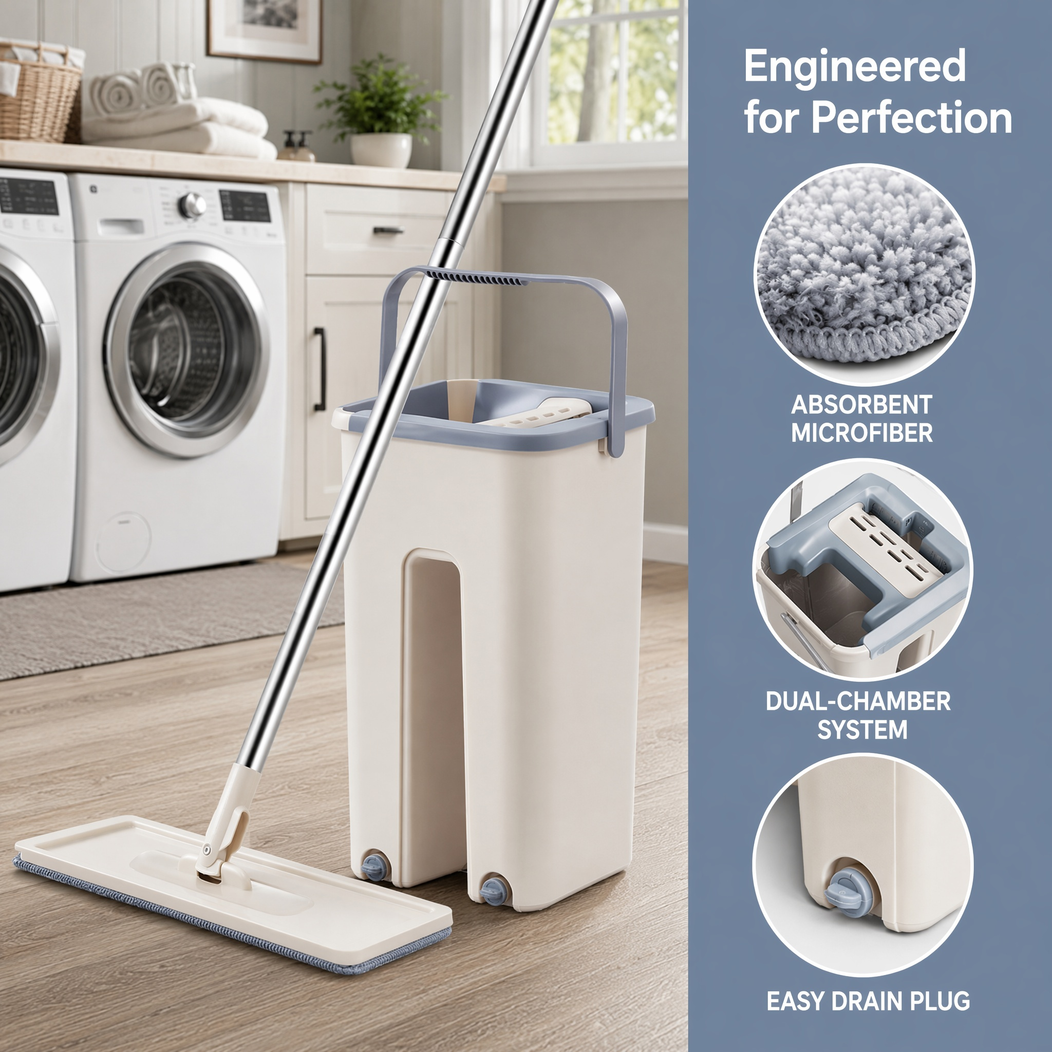 Flat Floor Cleaning Mop With Matching Separate Water Bucket Dual Compartment Design Rotatable Mop Head Stainless Steel Extension Pole Microfiber Replacement Pads For Indoor Hard Surface Floors