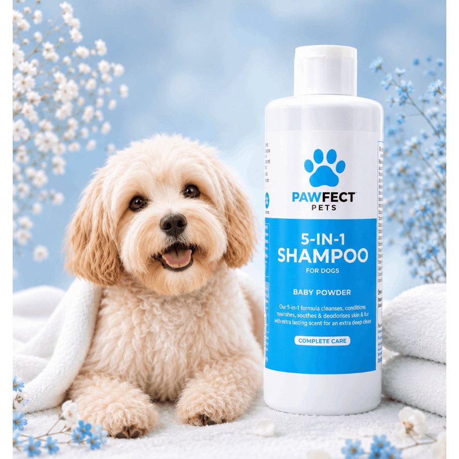 TEMU Pawfect Pets 5 In 1 Dog Shampoo Baby Powder 250ml | Complete Care Pet Shampoo | Cleanses, , Moisturises, Soothes & Deodorises