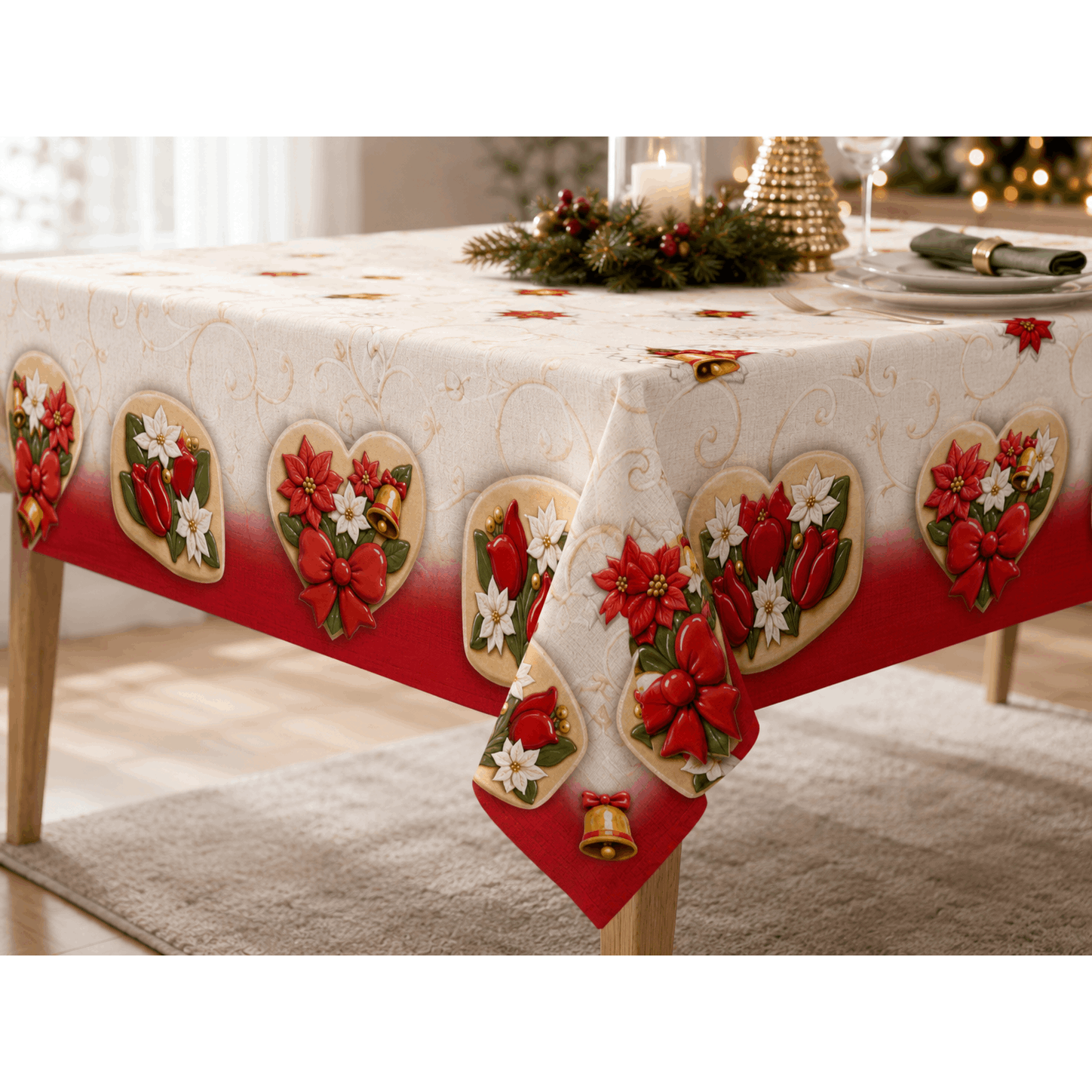 TEMU Tablecloth With Red Tulip Design, Seats 6 (150x180 Cm) / Seats 12 (150x240 Cm)