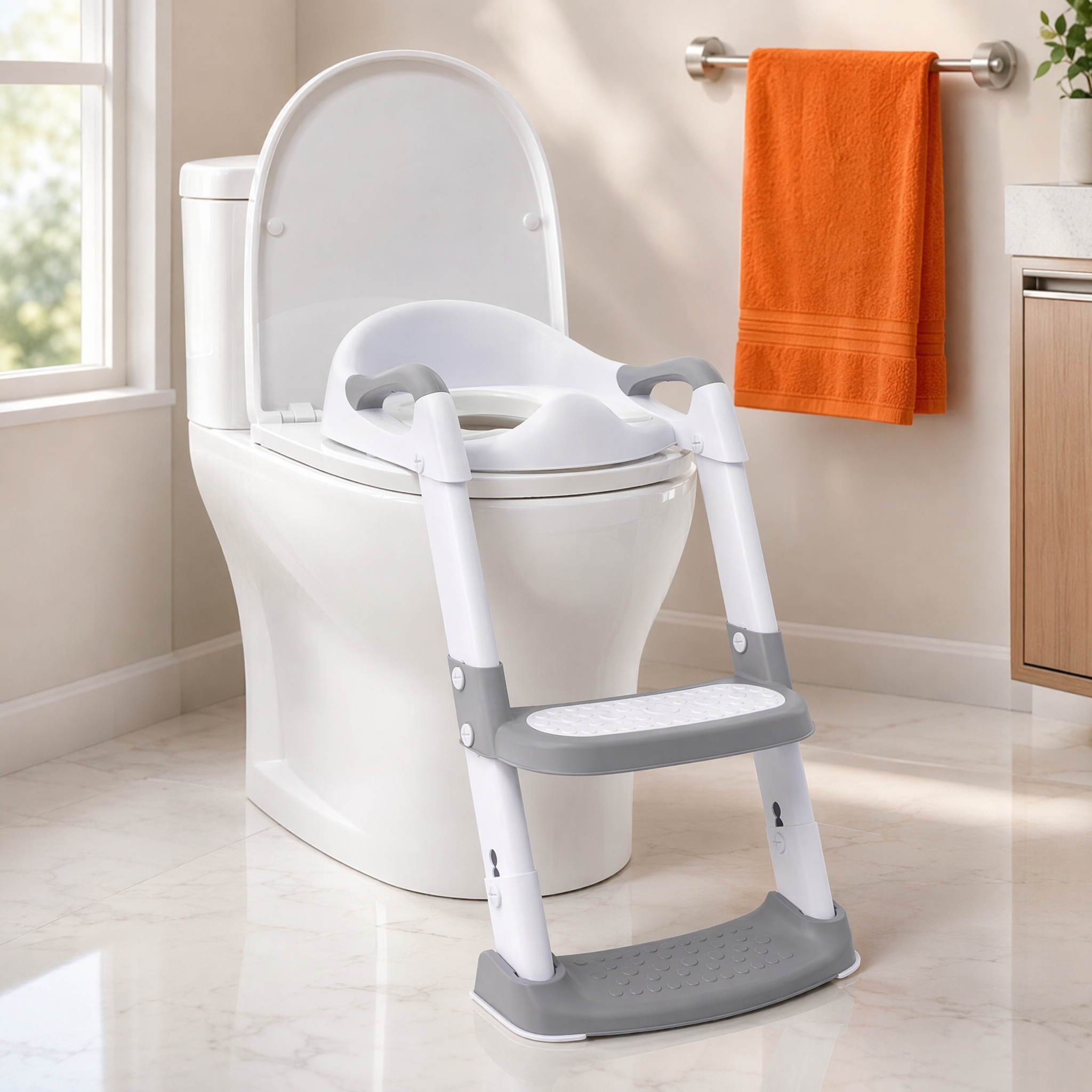 Foldable Kids Toilet Training Seat With 2 Step Anti-slip Ladder Adjustable Height Toddler Potty Training Stool Soft Cushion Handle Fit O/u/v/round Toilets For 1-7 Years Old