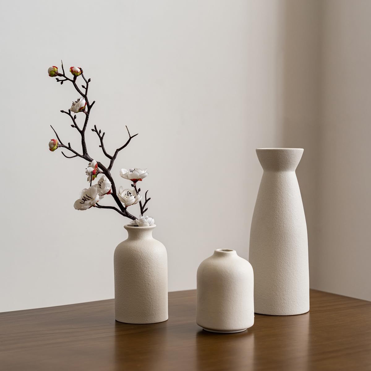 3 Pack Matte Ceramic Vase Set Neutral Beige Decorative Flower Vases Minimalist Boho Table Centerpieces For Dried Floral Stem Room Shelf Decor