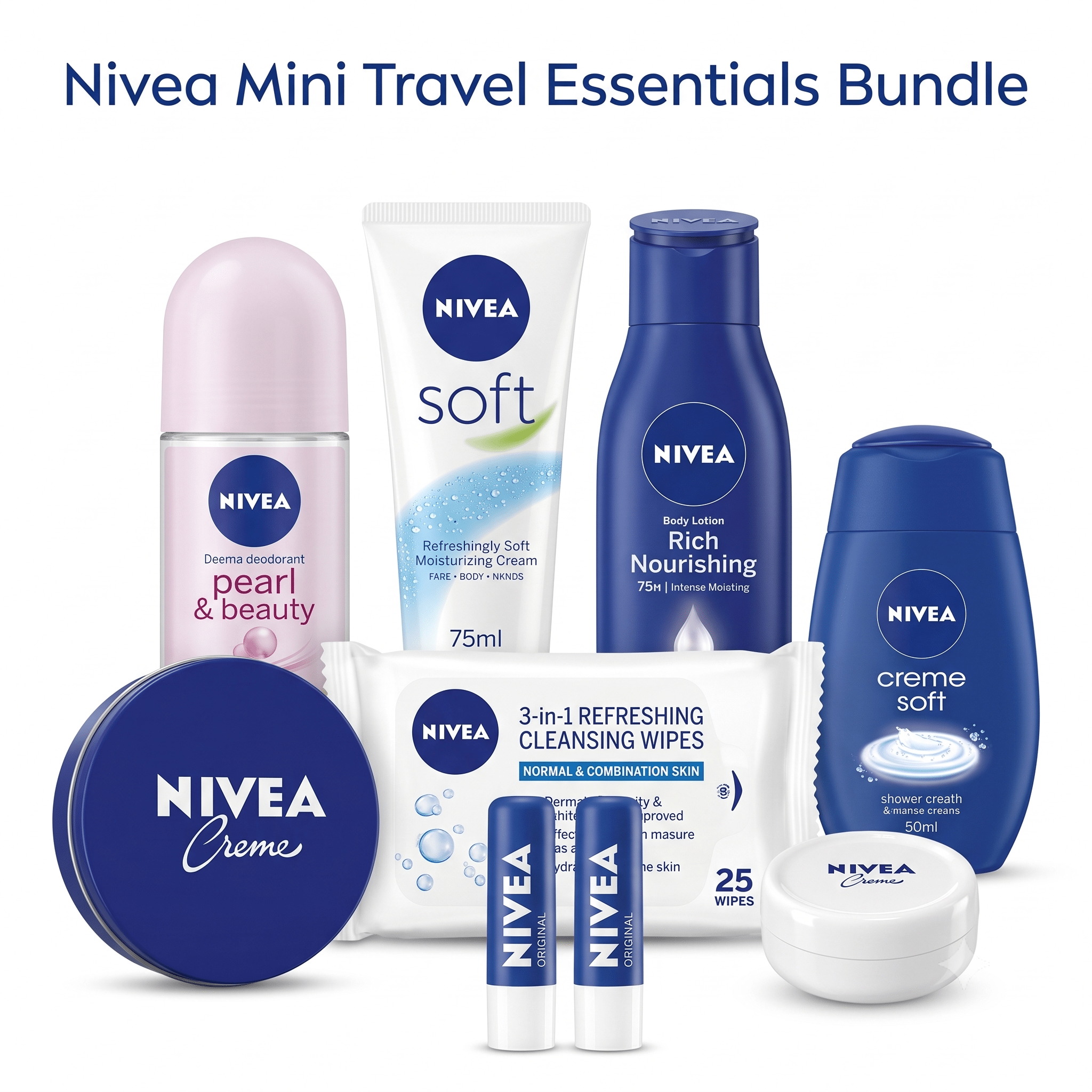 TEMU Nivea Mini Travel Essentials Bundle - 9pcs Skincare & Body Care Gift Set For Women. Includes 3-in-1 Cleansing Wipes (25ct), 2 X Nivea Original