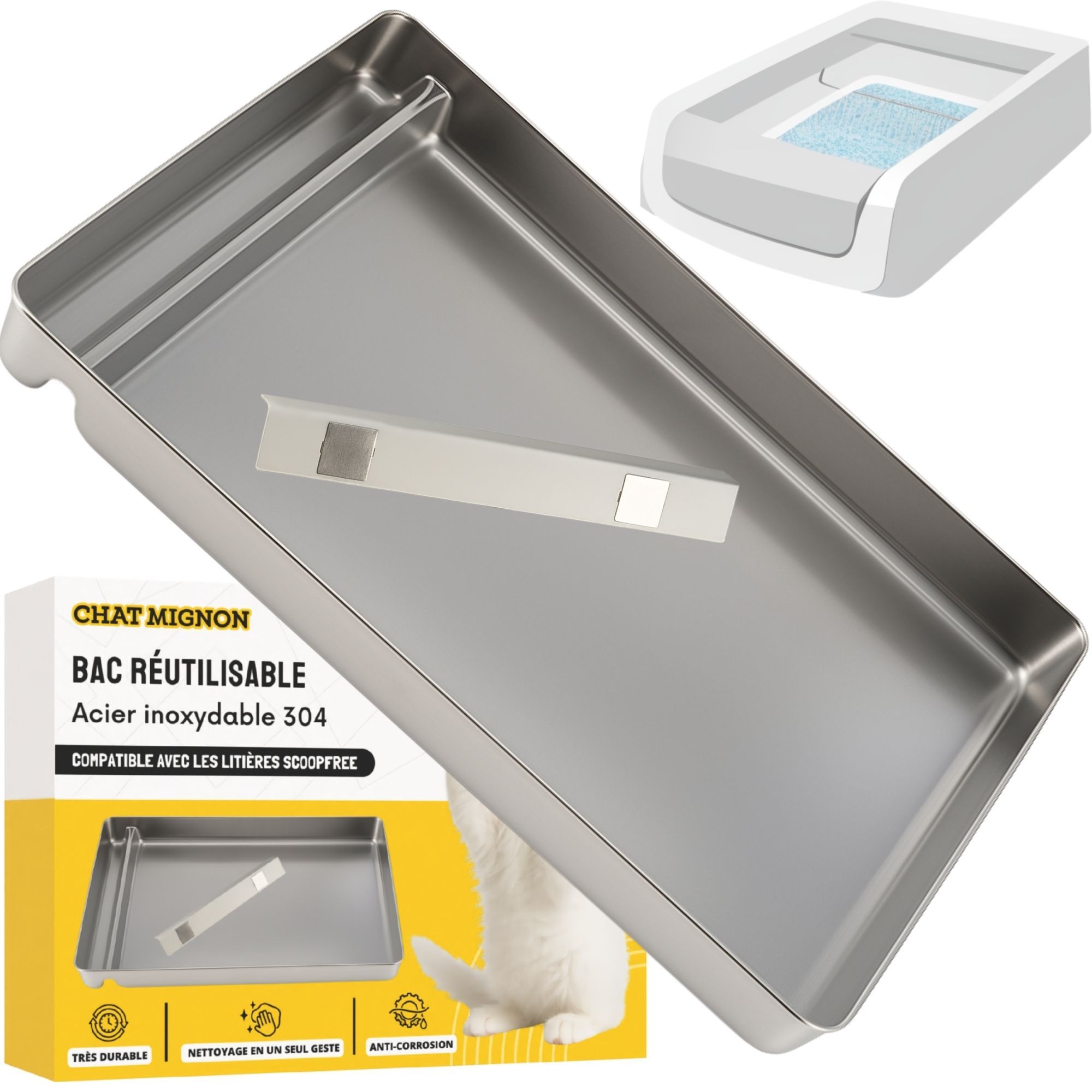 TEMU Bac à Litière Réutilisable en Acier Inoxydable 304, Compatible avec  ScoopFree